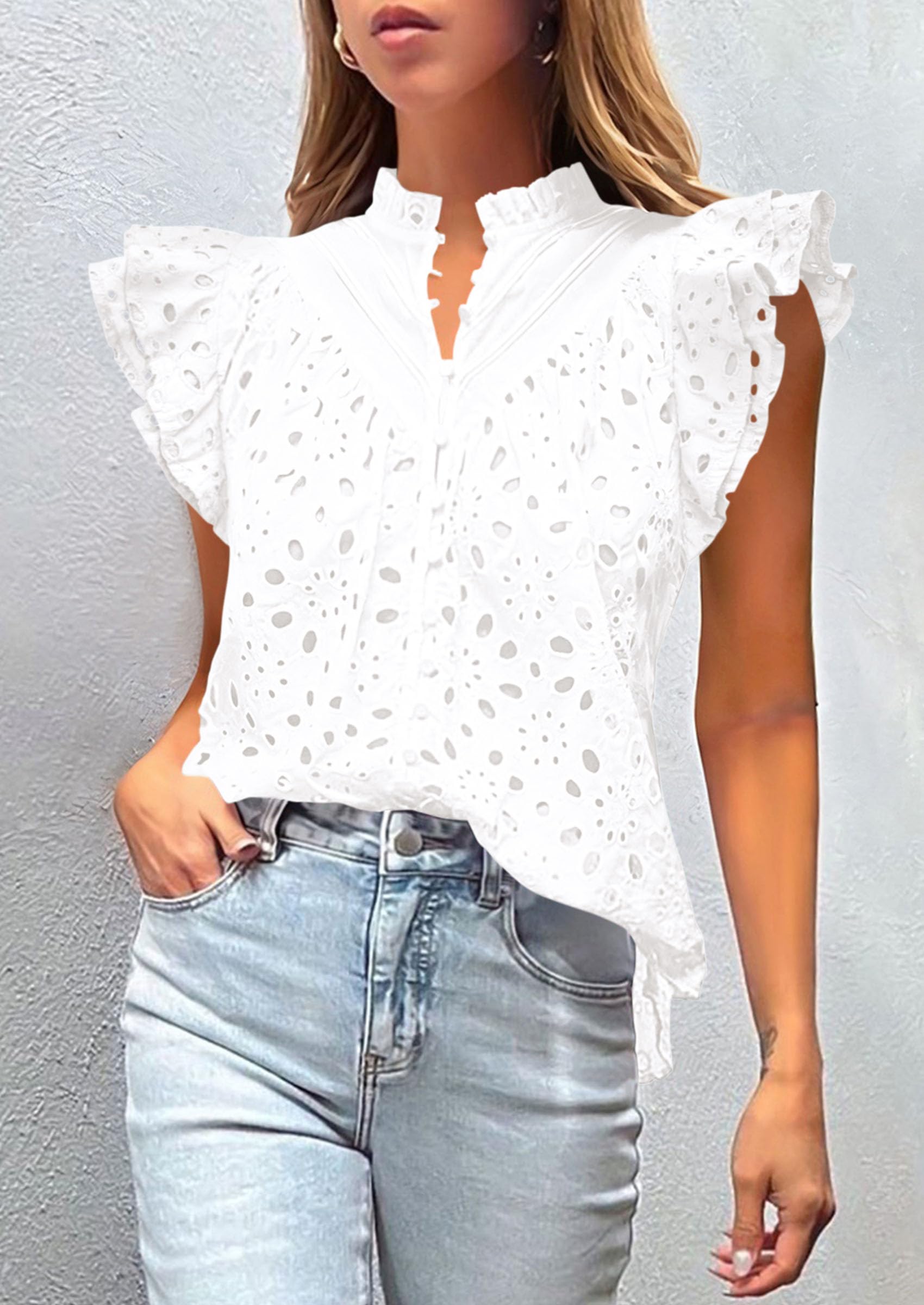Womens Summer Tops 2025 Dressy Casual Ruffle Cap Sleeve Button V Neck Embroidered Eyelet Blouses Shirts