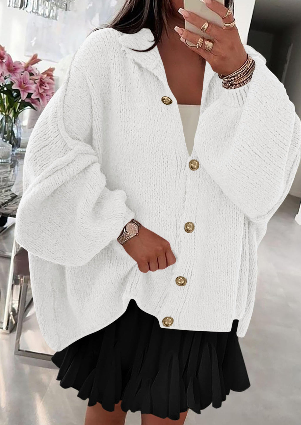 Women's Winter Button Down Cardigan Sweaters Mock Neck Lantern Long Sleeve Chunky Knit Jacket Trendy Outerwear