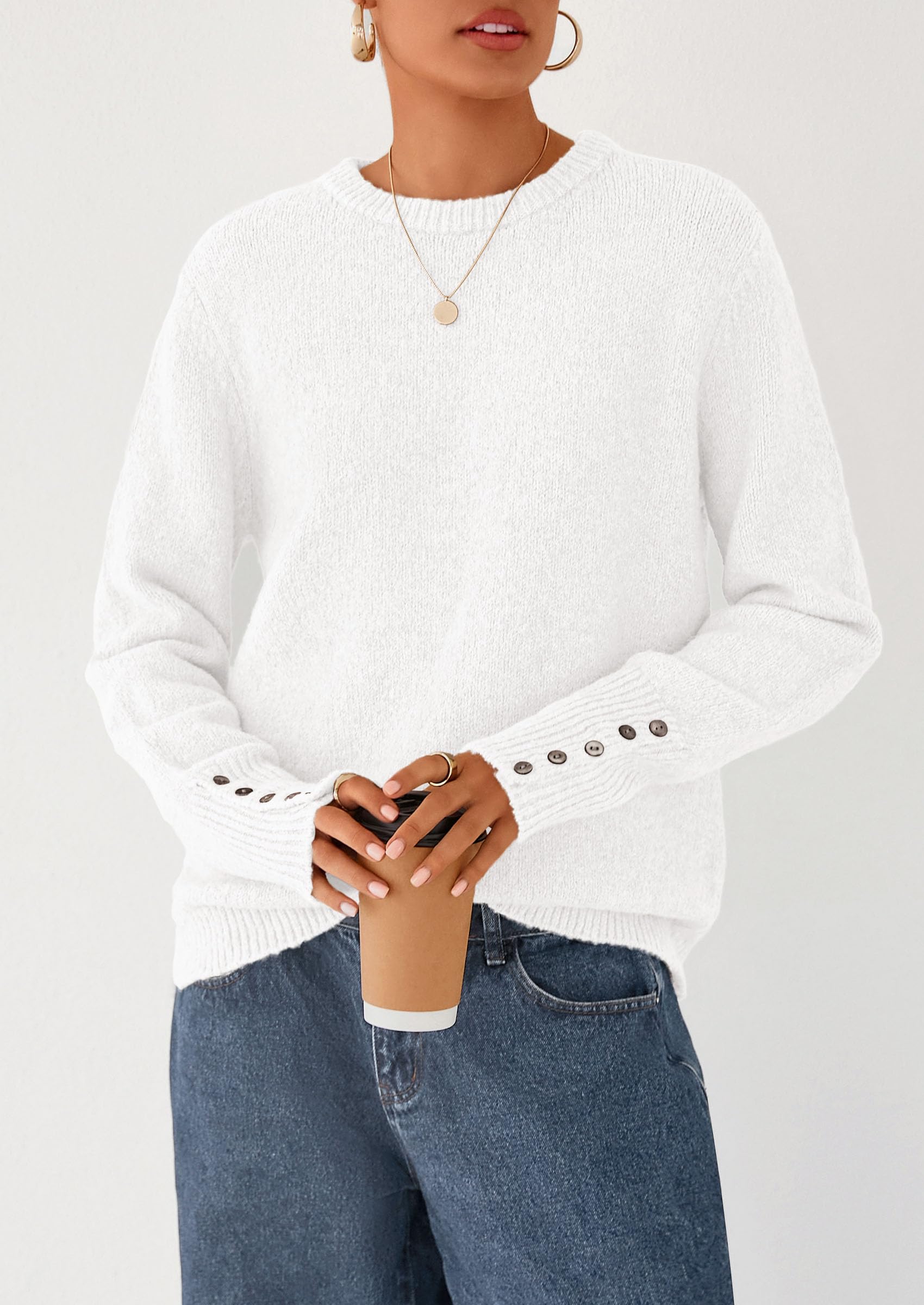 Womens Sweaters Fall Fashion Casual Crewneck Pullover Button Long Sleeve Cute Knit Tops Winter Clothes