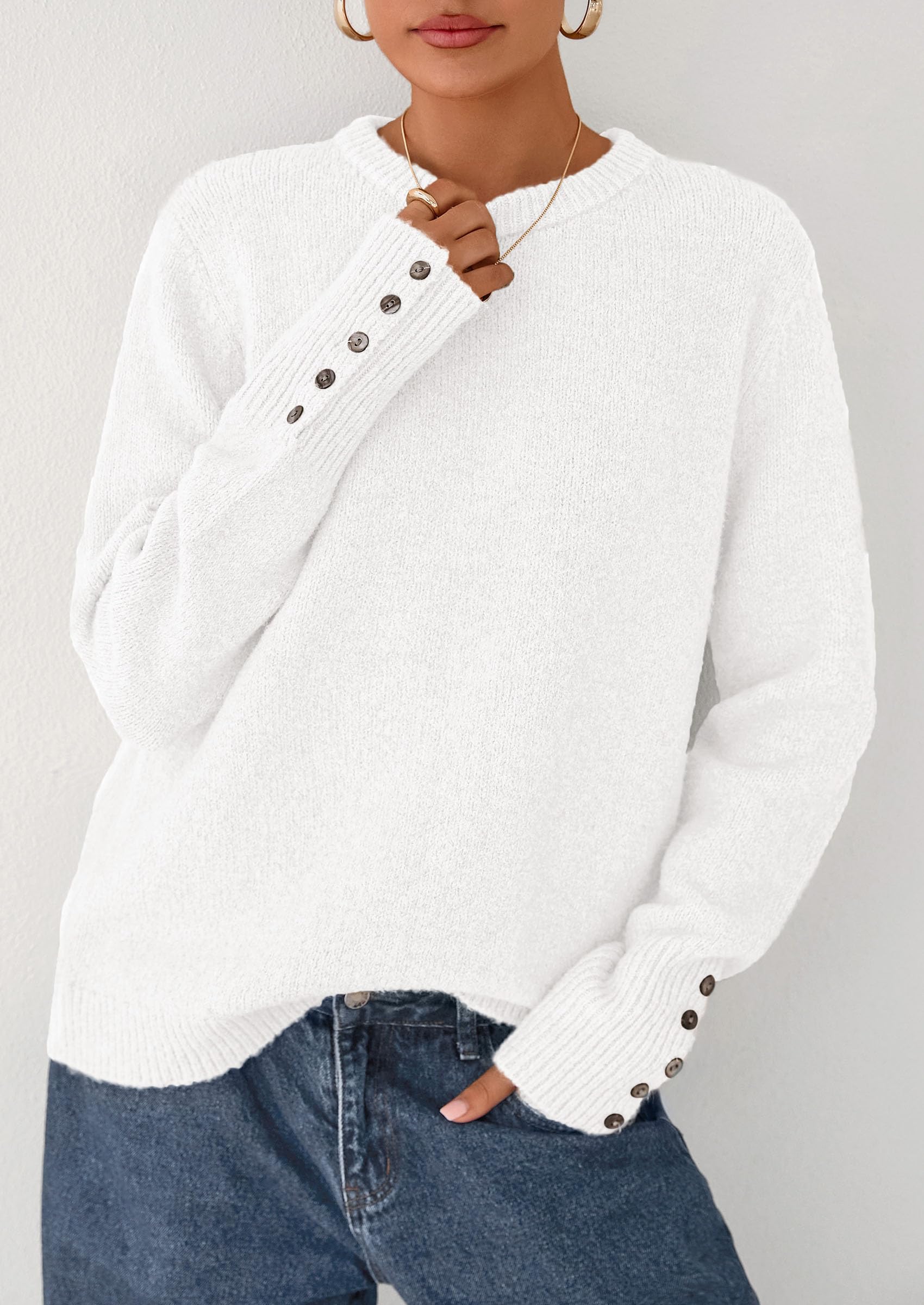 Womens Sweaters Fall Fashion Casual Crewneck Pullover Button Long Sleeve Cute Knit Tops Winter Clothes