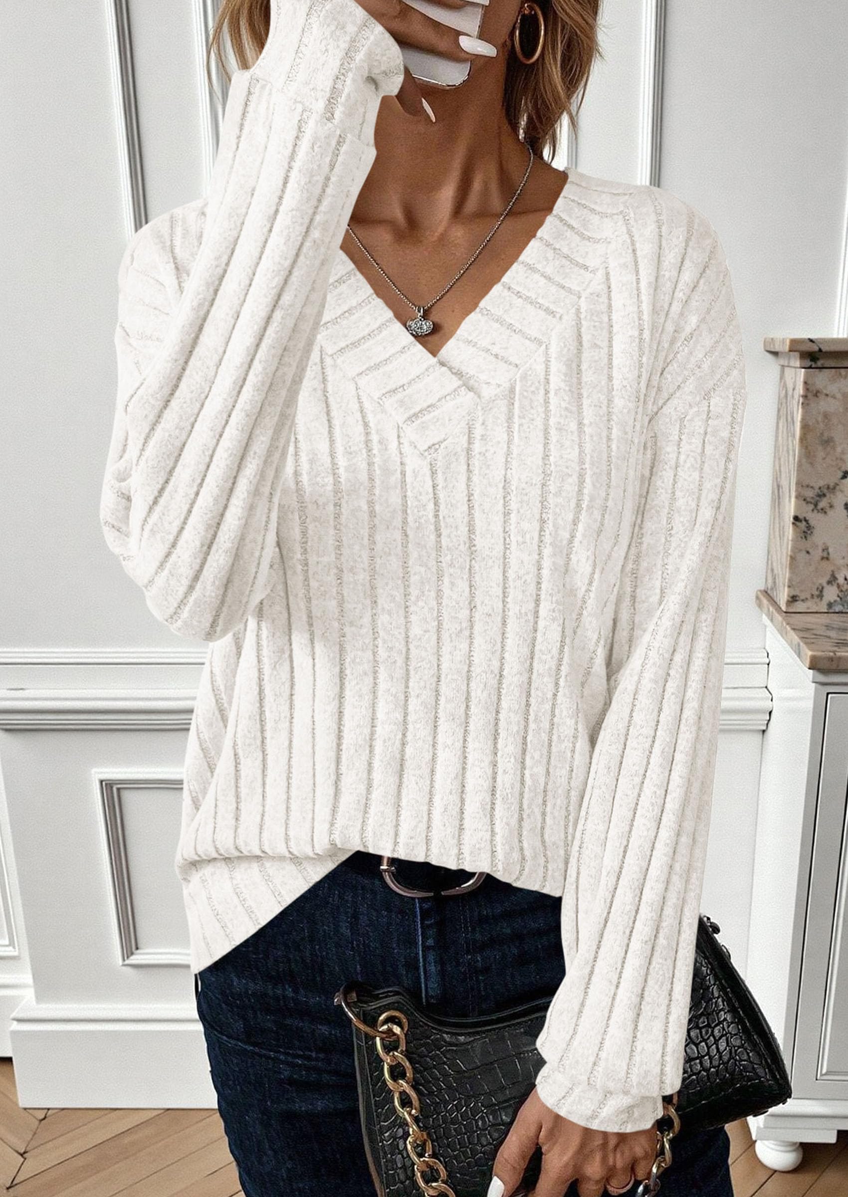 Fall Fashion Long Sleeve Shirts for Women Ribbed Knit V Neck Dressy Casual Lightweight Sweaters Tunic Tops