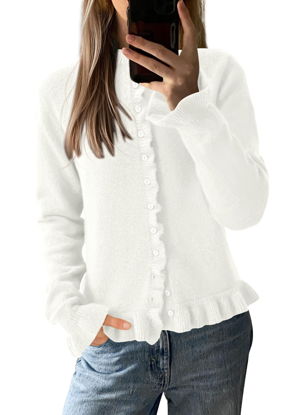 Womens Fall Button Down Cardigans Chunky Knit Ruffle Open Front Cropped Cardigan Sweaters Soft Long Sleeve Tops