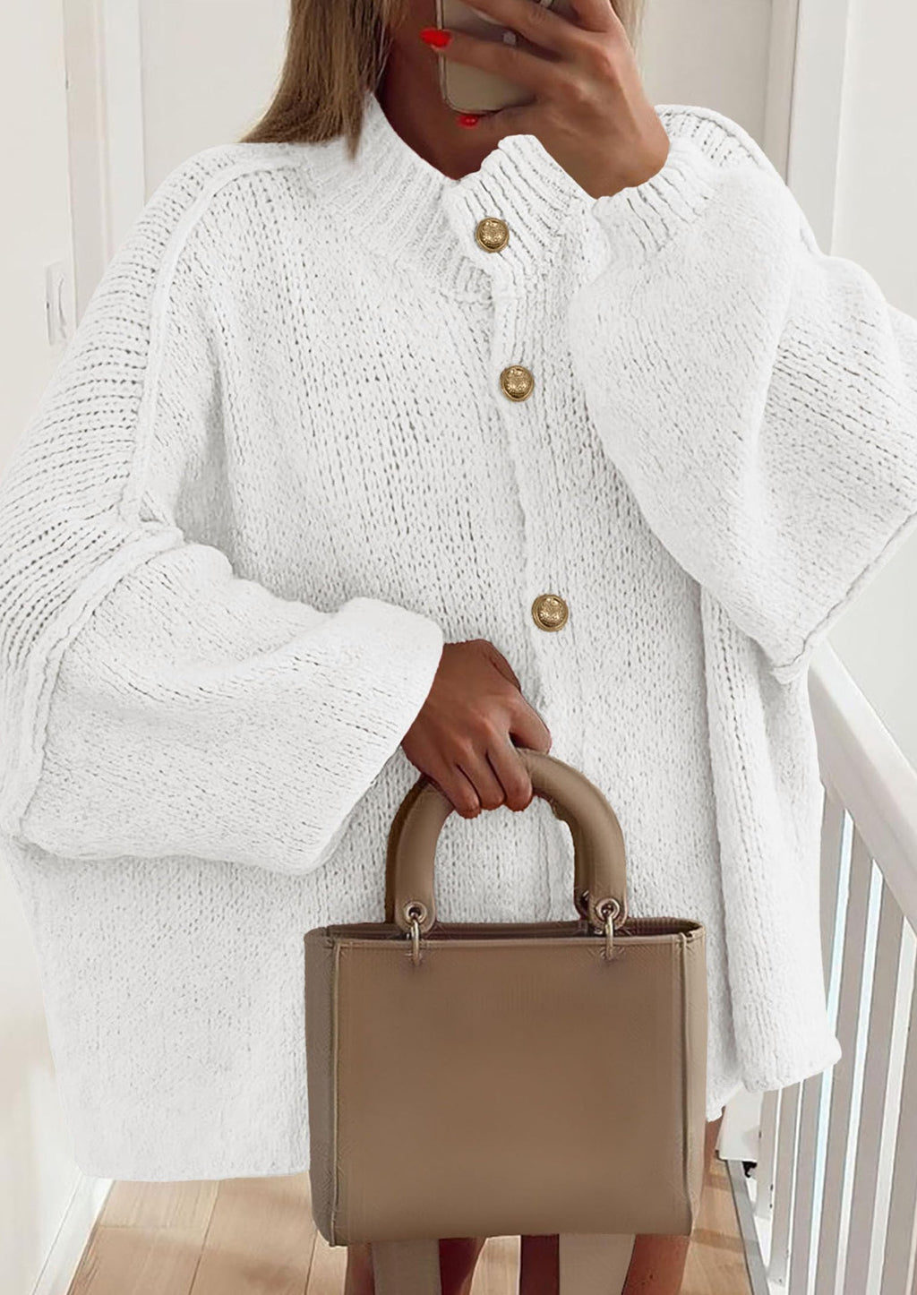 Women's Winter Button Down Cardigan Sweaters Mock Neck Lantern Long Sleeve Chunky Knit Jacket Trendy Outerwear