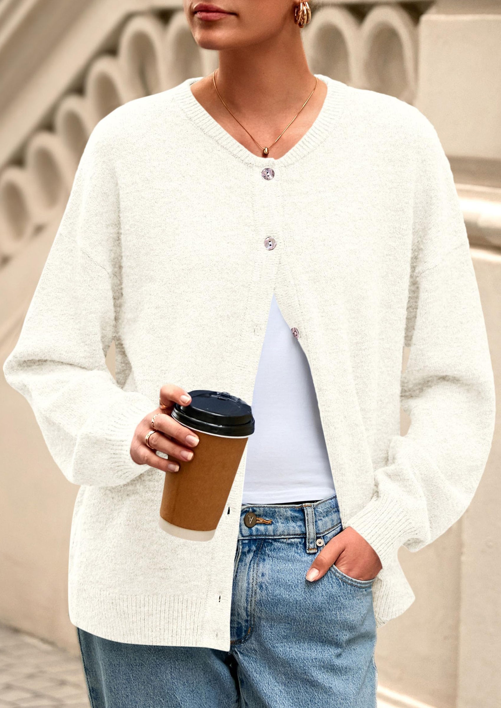 Fall Long Sleeve Cardigans for Women Trendy Open Front Winter Button Down Crewneck Soft Knit Sweater Jacket