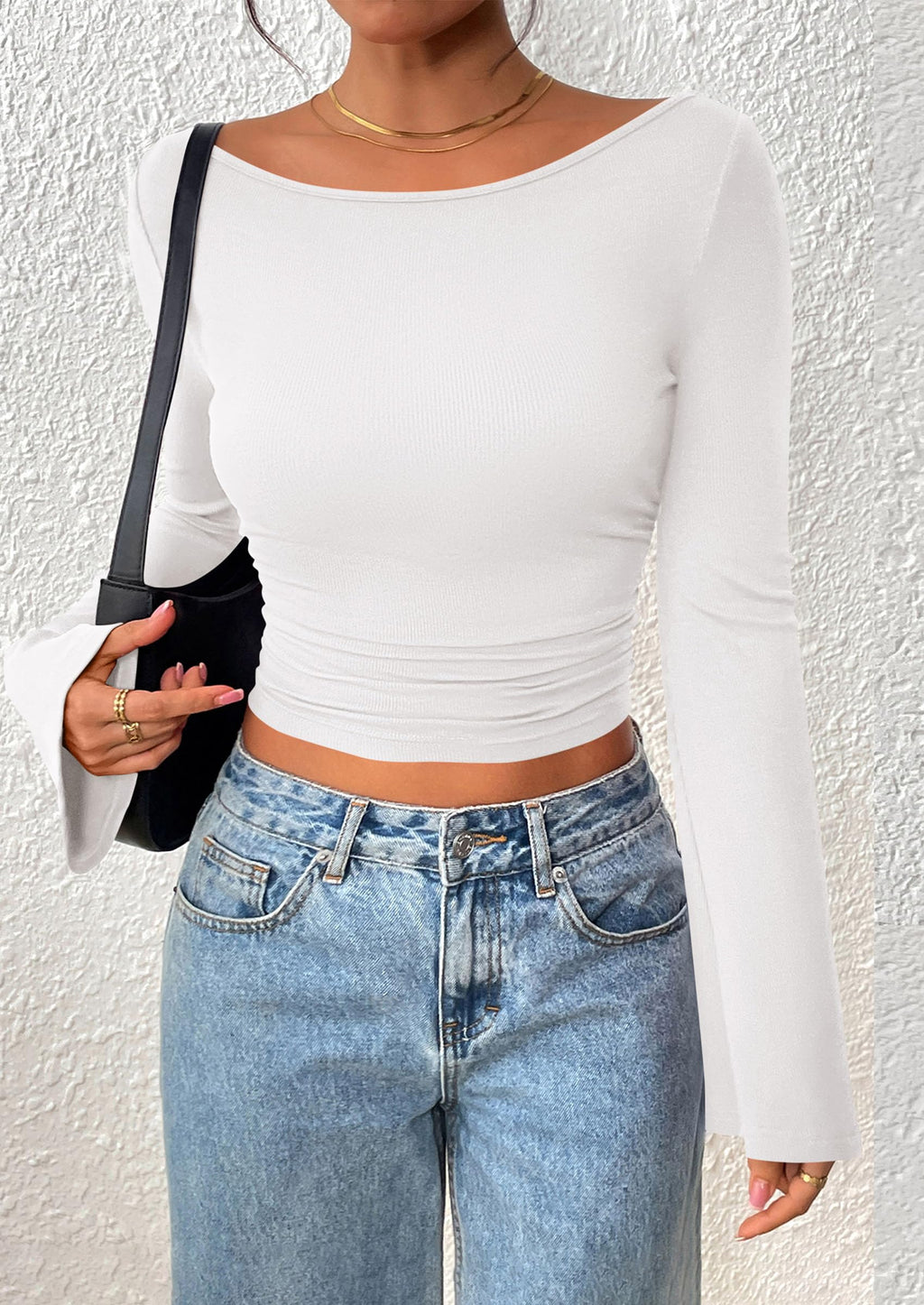 Women's Long Sleeve Shirts Fall Going Out Tops Casual Boat Neck Bell Sleeve Ribbed Ruched Y2K Clothes