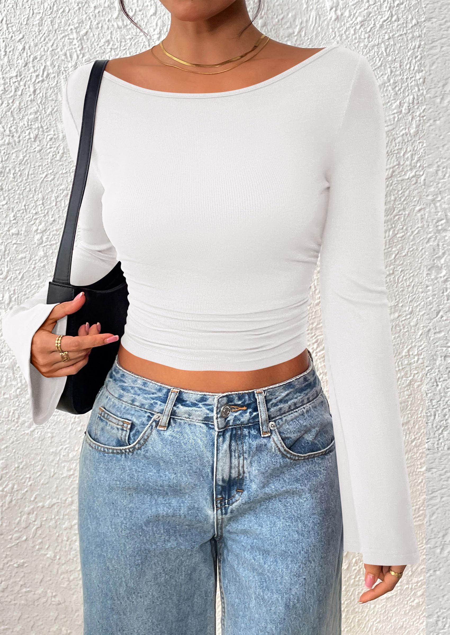 Women's Long Sleeve Shirts Fall Going Out Tops Casual Boat Neck Bell Sleeve Ribbed Ruched Y2K Clothes