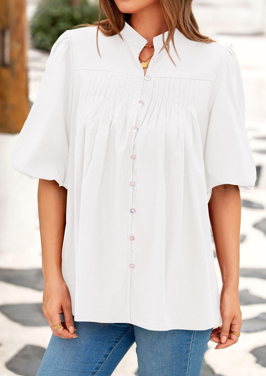 Women's Summer Short Lantern Sleeve Tops Loose Fit Button Down Shirt Casual Pleated V Neck Blouses