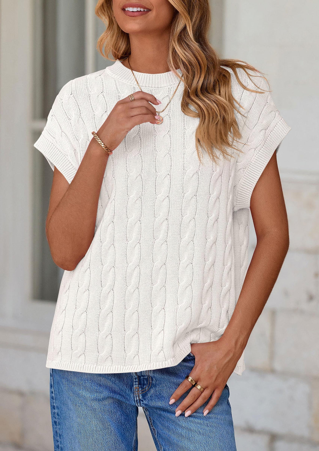 Women's Sweater Vest Summer Short Sleeve Tops Casual Crewneck Knit Oversized Pullover Trendy Spring Outfits