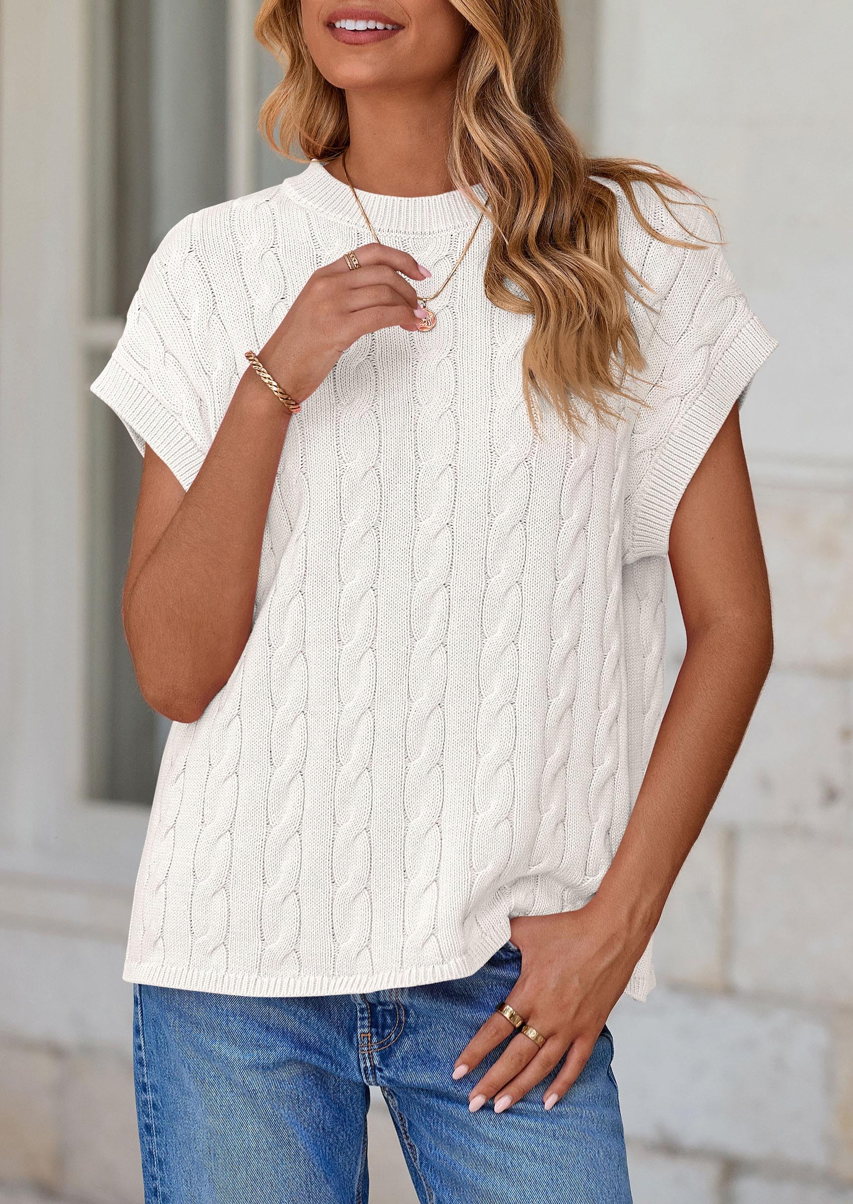 Women's Sweater Vest Summer Short Sleeve Tops Casual Crewneck Knit Oversized Pullover Trendy Spring Outfits