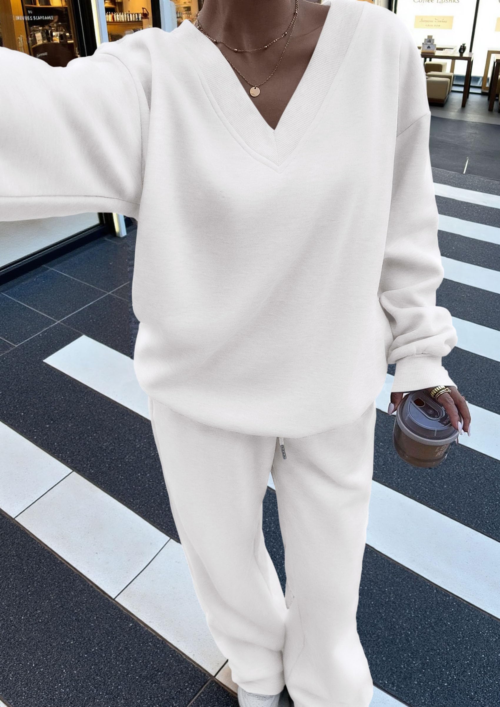 Casual Winter Two Piece Sets for Women V Neck Sweatshirt Loose Wide Leg Pants Tracksuit Knit Fall Outfits