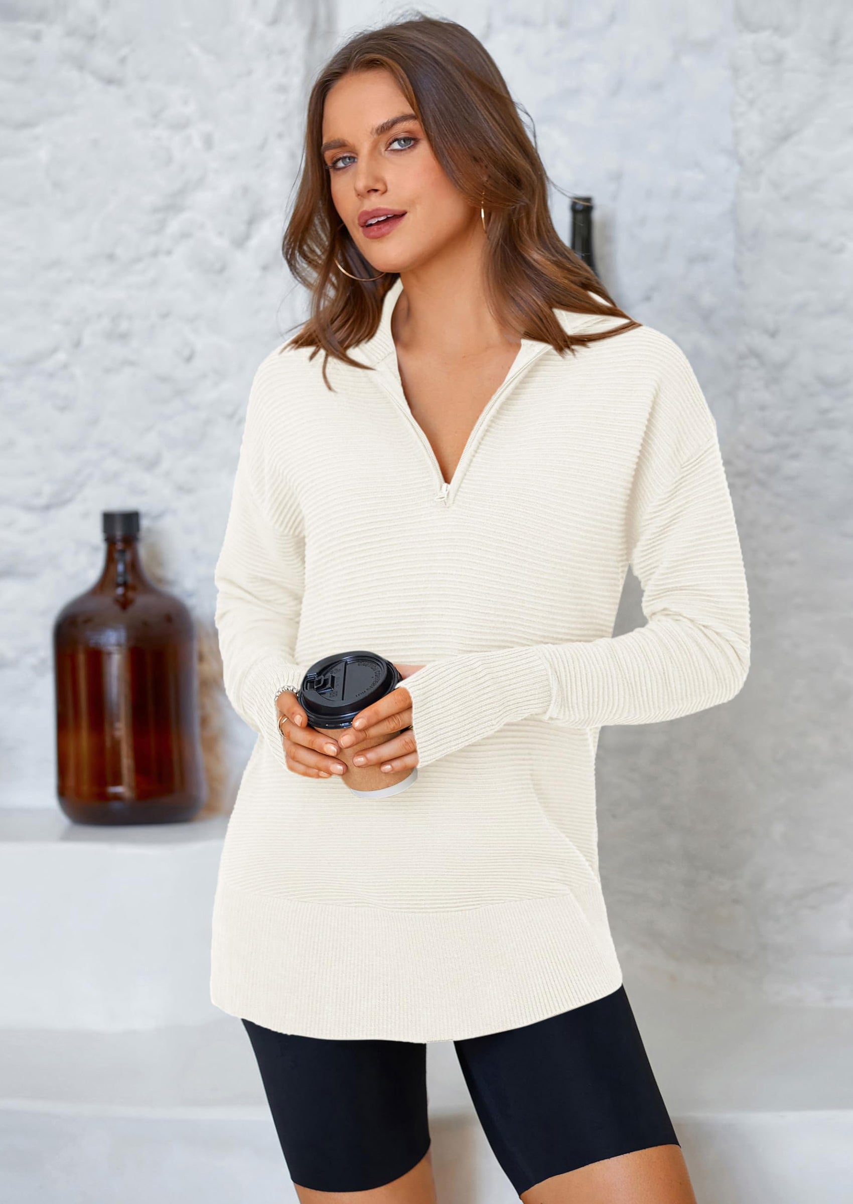 Womens Long Sleeve Quarter Zip Pullover Sweater Casual Loose V Neck Collared Ribbed Knit Jumper Tops Thumb Hole