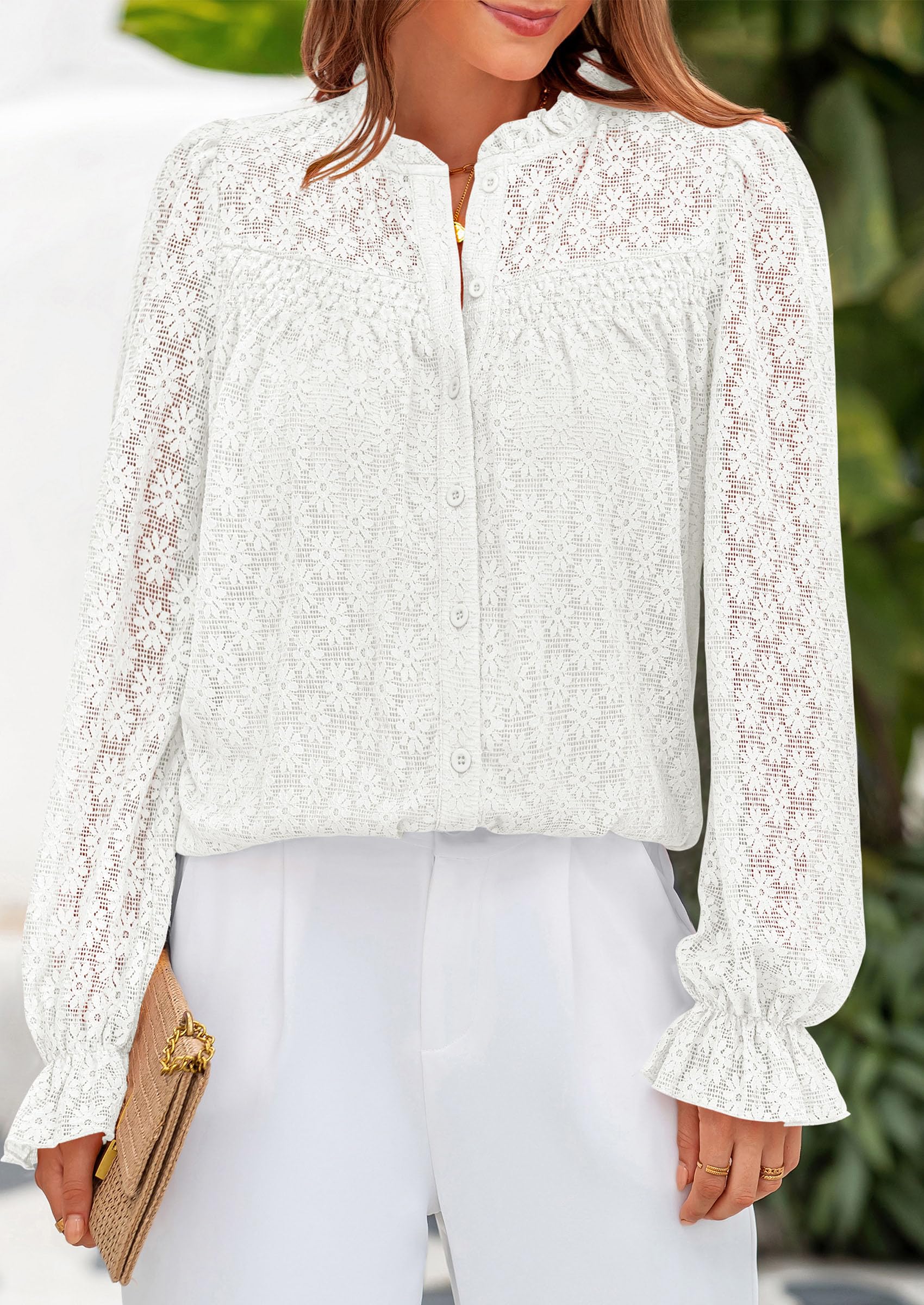 Lace Long Sleeve Tops for Women Eyelet Blouses Dressy Casual Hollow Out Button Down Shirts Summer Outfits