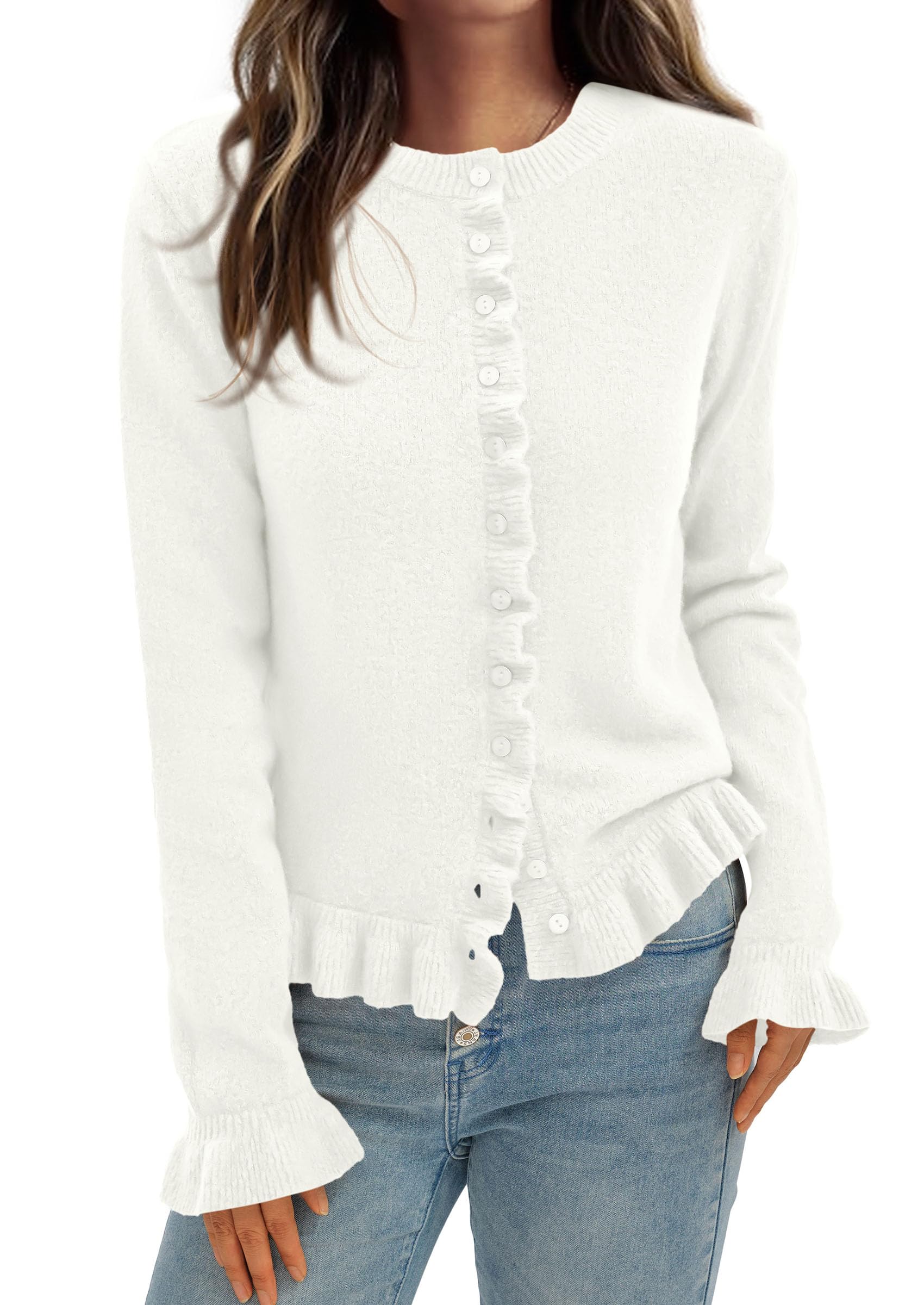 Womens Fall Button Down Cardigans Chunky Knit Ruffle Open Front Cropped Cardigan Sweaters Soft Long Sleeve Tops