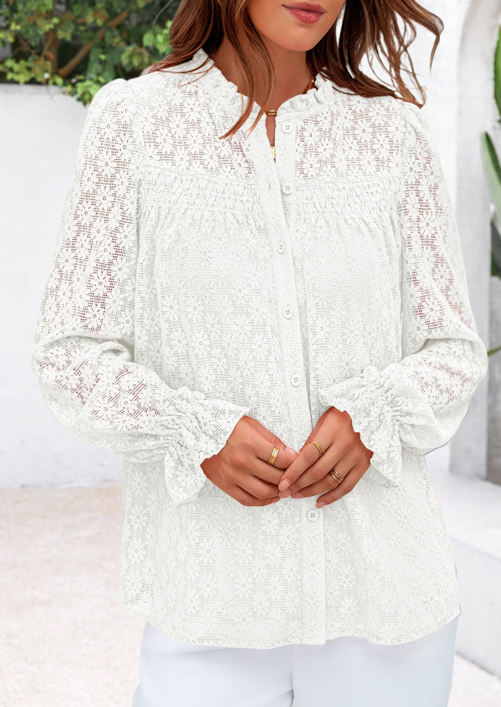 Lace Long Sleeve Tops for Women Eyelet Blouses Dressy Casual Hollow Out Button Down Shirts Summer Outfits