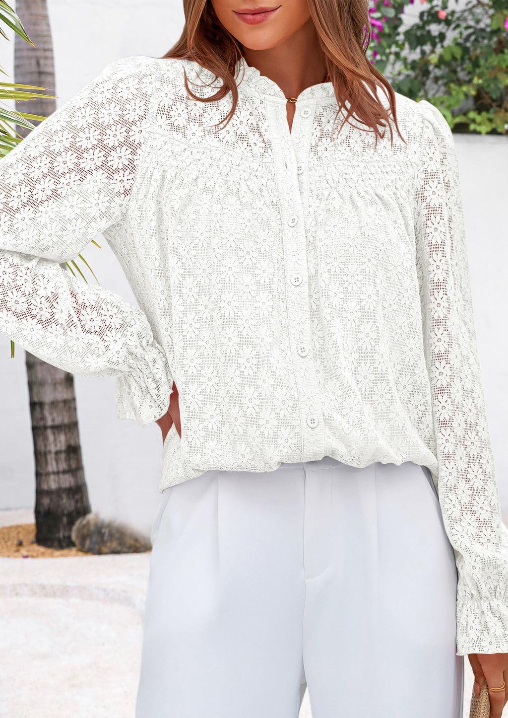 Lace Long Sleeve Tops for Women Eyelet Blouses Dressy Casual Hollow Out Button Down Shirts Summer Outfits