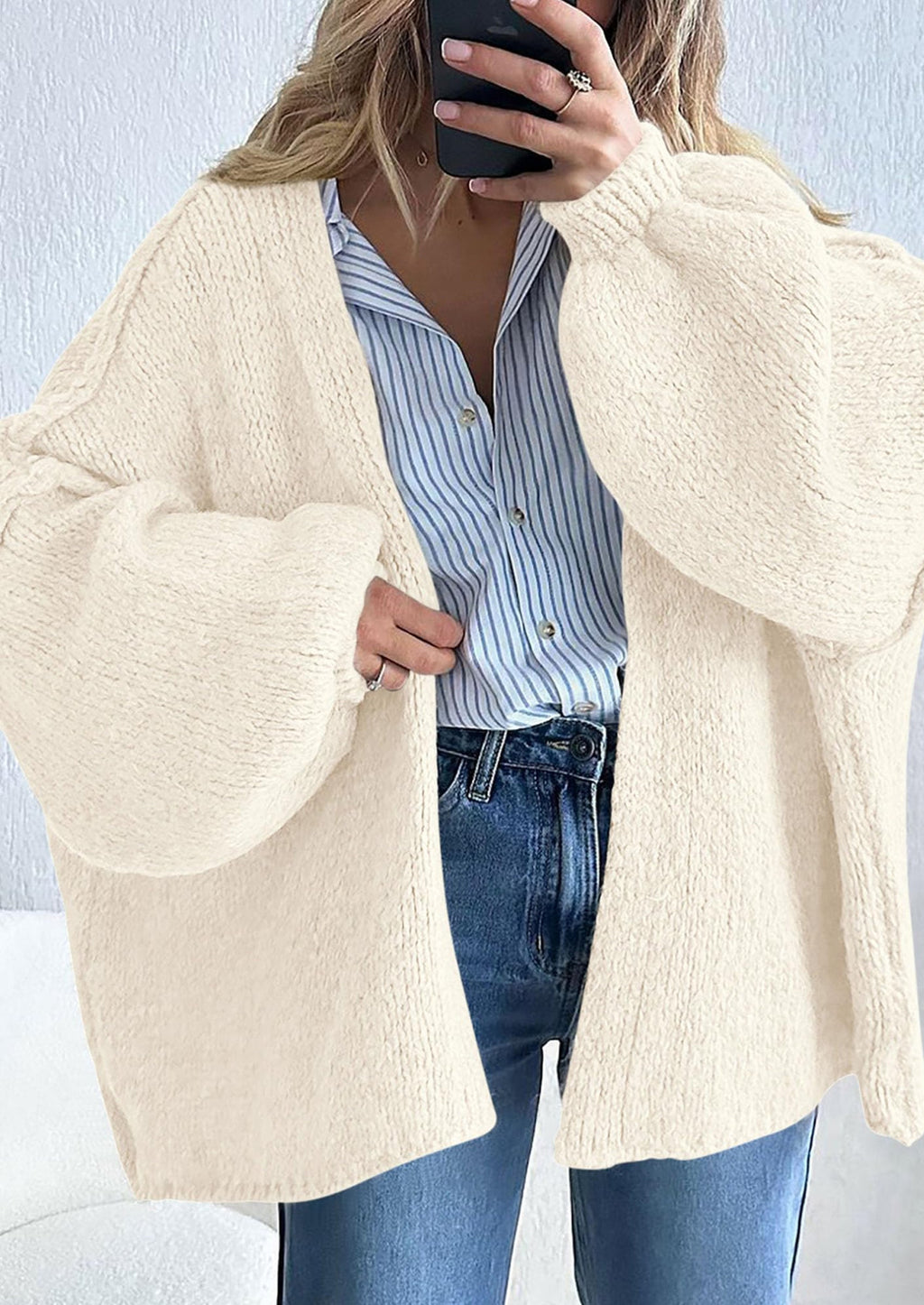 Womens Oversized Cardigan Sweaters Fall Long Lantern Sleeve Knit Open Front Lightweight Sweater