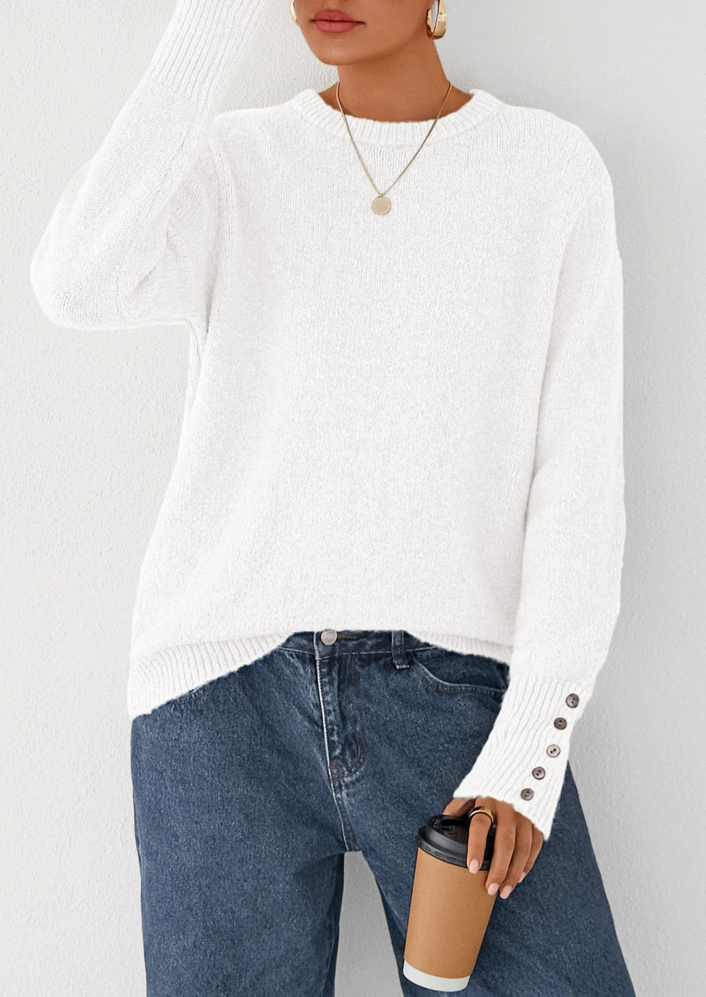 Womens Sweaters Fall Fashion Casual Crewneck Pullover Button Long Sleeve Cute Knit Tops Winter Clothes