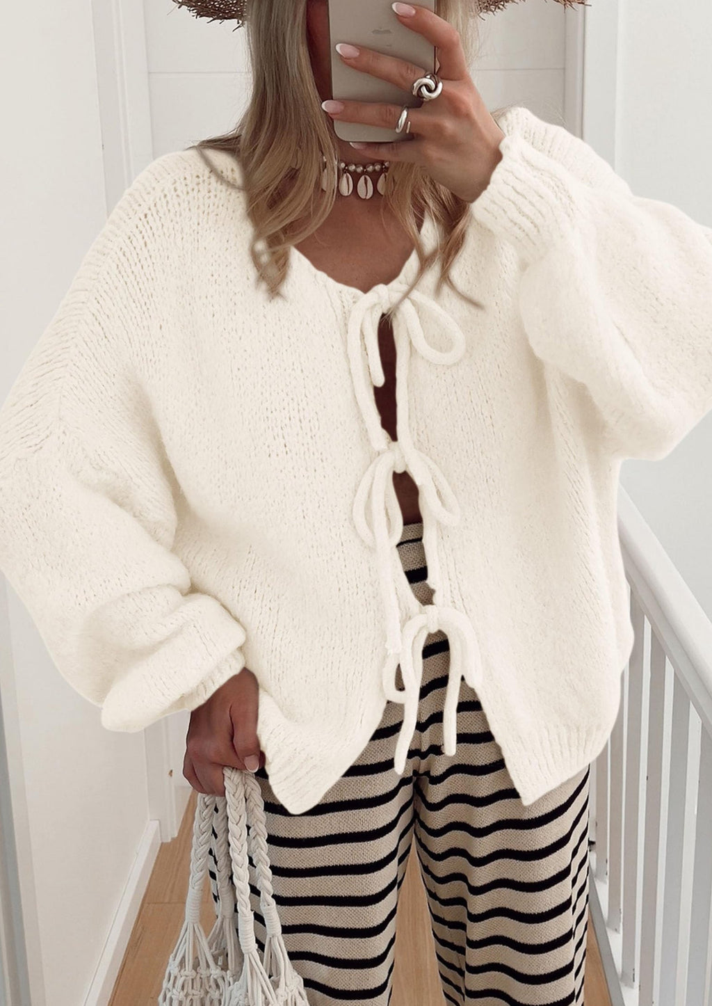 Women's Tie Front Bow Cardigan Sweaters Chunky Knit Long Puff Sleeve Trendy Fall Winter Jacket Coats