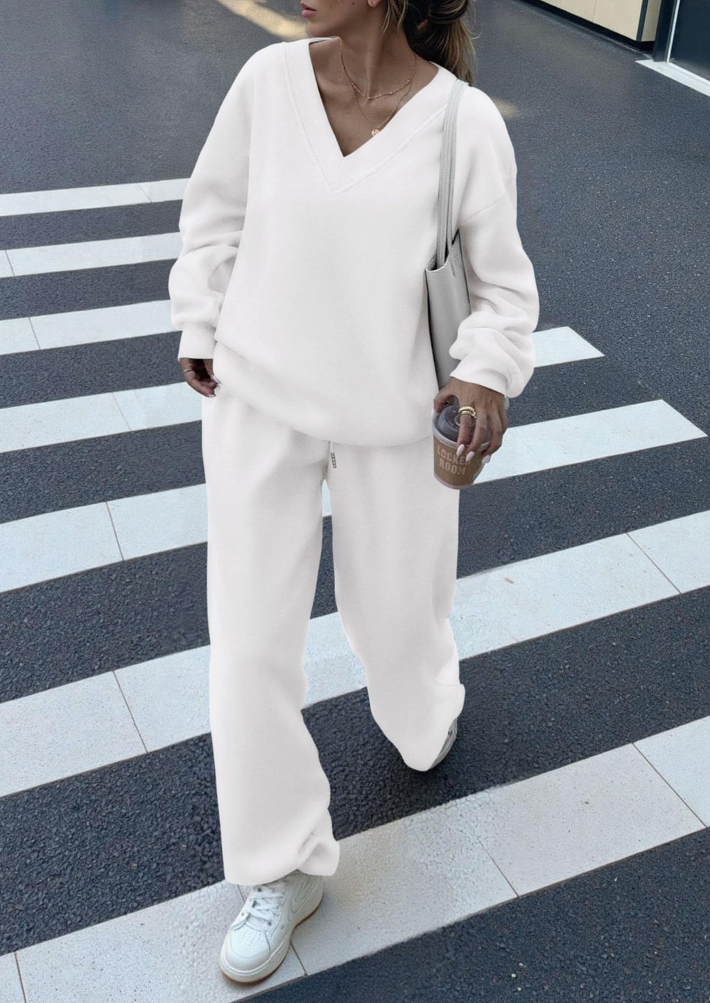 Casual Winter Two Piece Sets for Women V Neck Sweatshirt Loose Wide Leg Pants Tracksuit Knit Fall Outfits