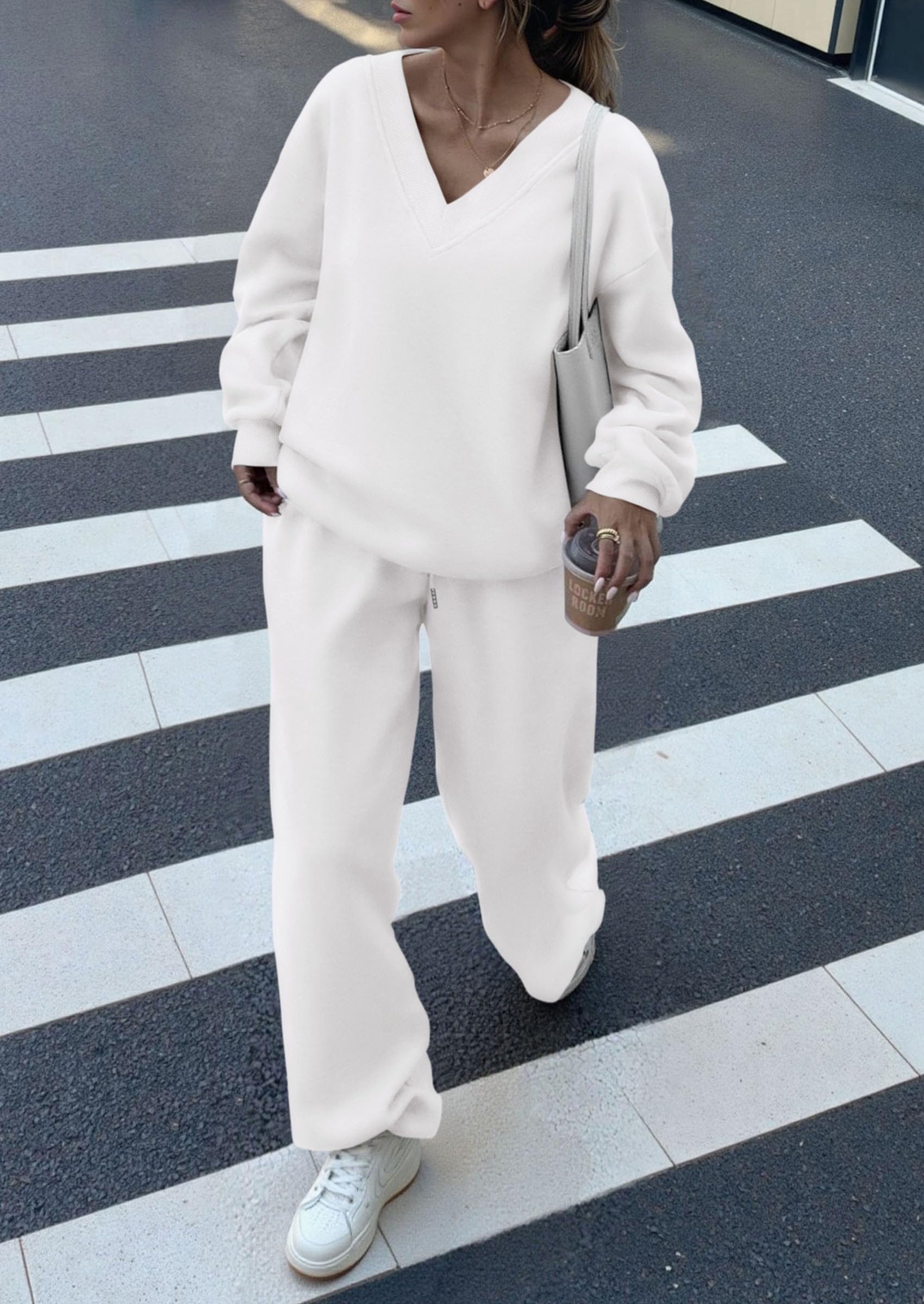 Casual Winter Two Piece Sets for Women V Neck Sweatshirt Loose Wide Leg Pants Tracksuit Knit Fall Outfits