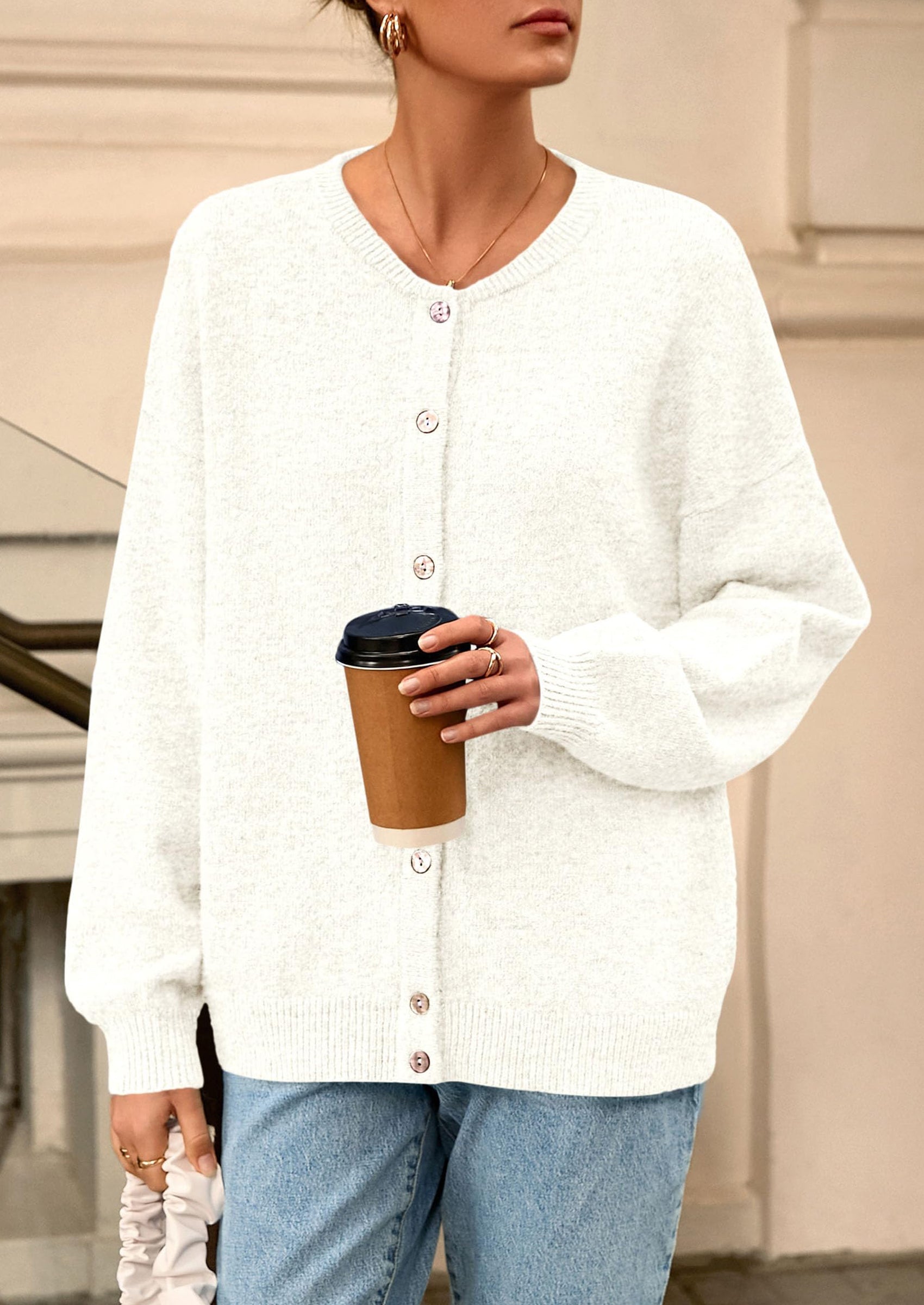 Fall Long Sleeve Cardigans for Women Trendy Open Front Winter Button Down Crewneck Soft Knit Sweater Jacket