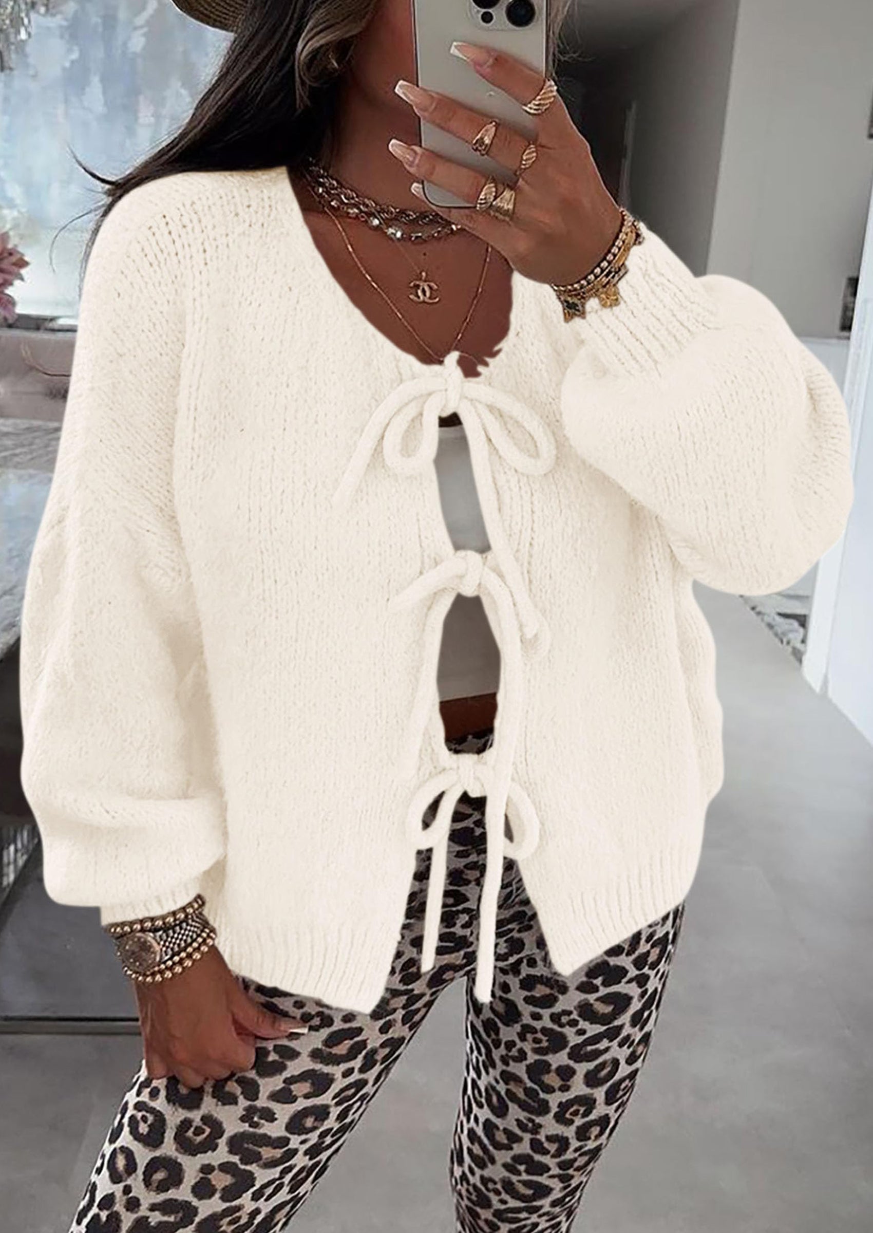 Women's Tie Front Bow Cardigan Sweaters Chunky Knit Long Puff Sleeve Trendy Fall Winter Jacket Coats