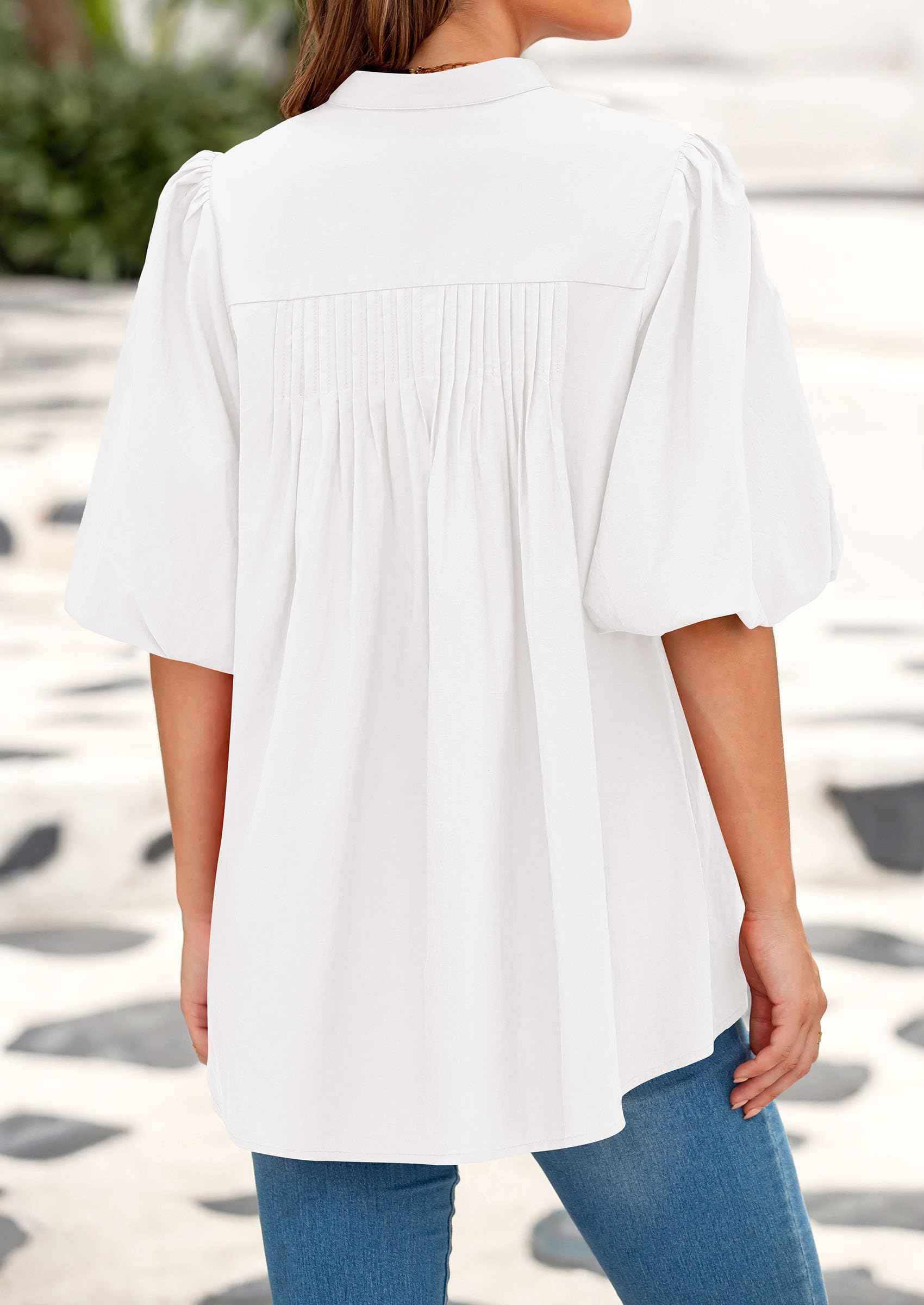 Women's Summer Short Lantern Sleeve Tops Loose Fit Button Down Shirt Casual Pleated V Neck Blouses