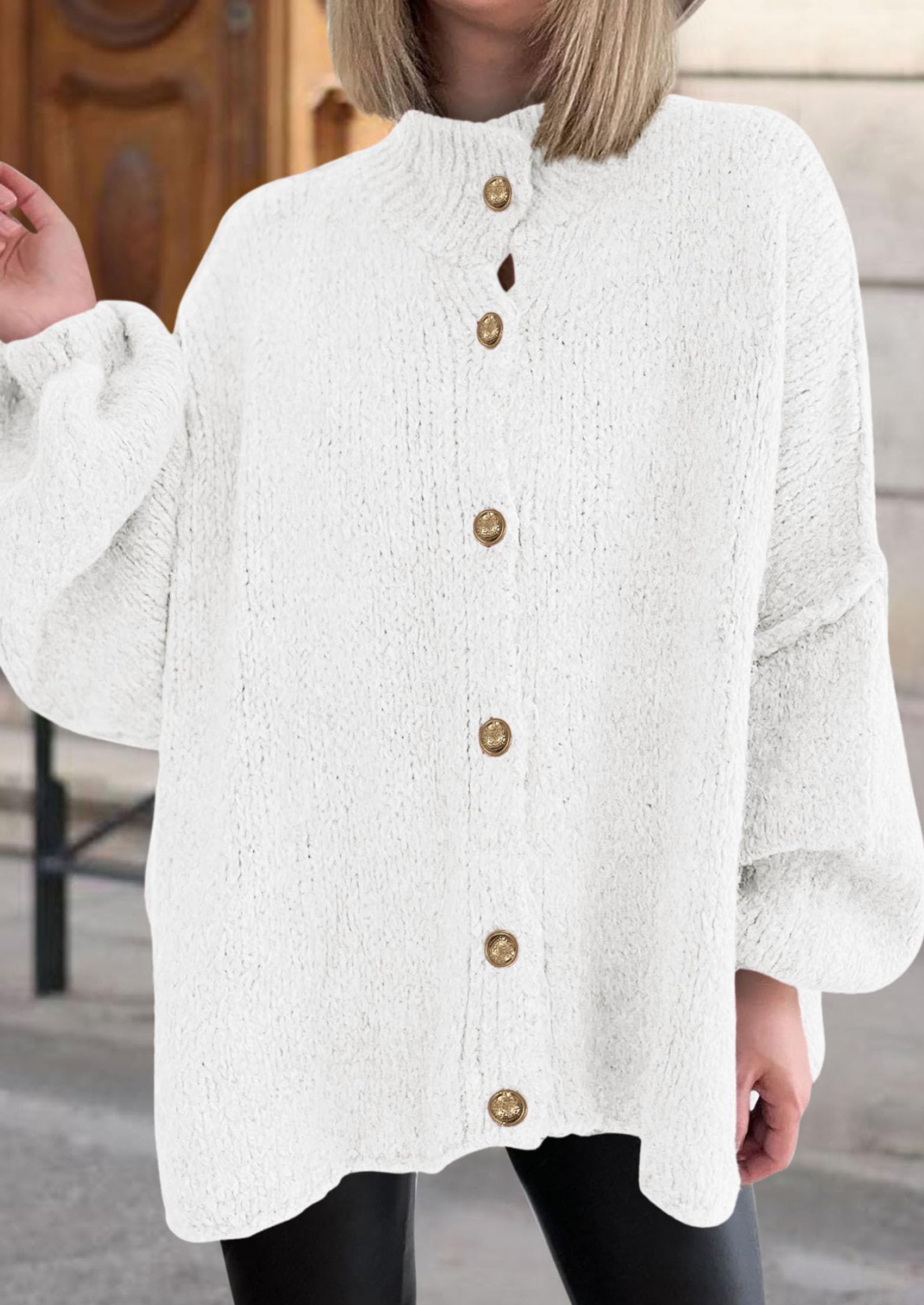 Women's Winter Button Down Cardigan Sweaters Mock Neck Lantern Long Sleeve Chunky Knit Jacket Trendy Outerwear