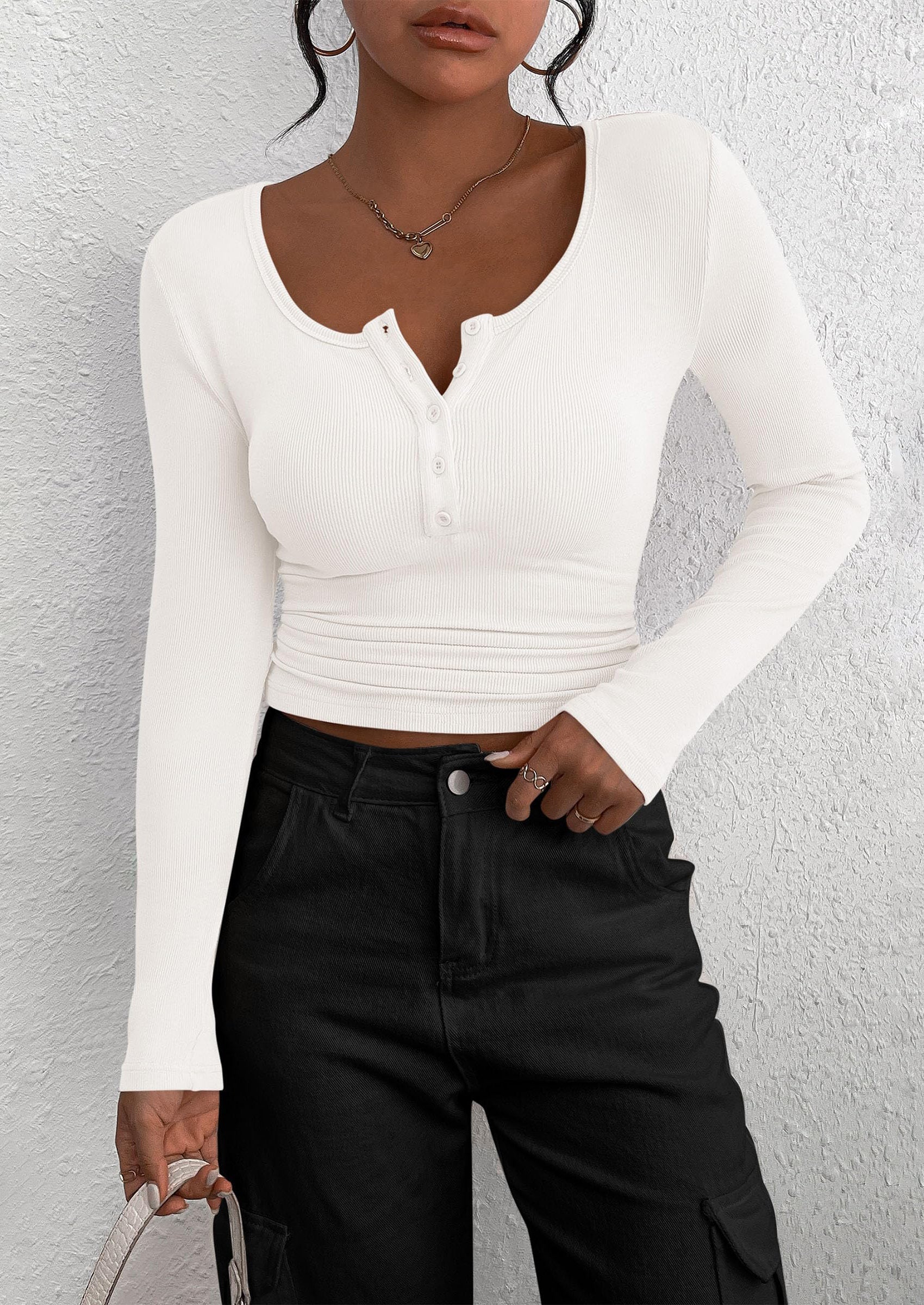 Women's Spring Fall Long Sleeve Henley T Shirts Button Ribbed Knit Slim Fit Casual Basic Tops Blouse