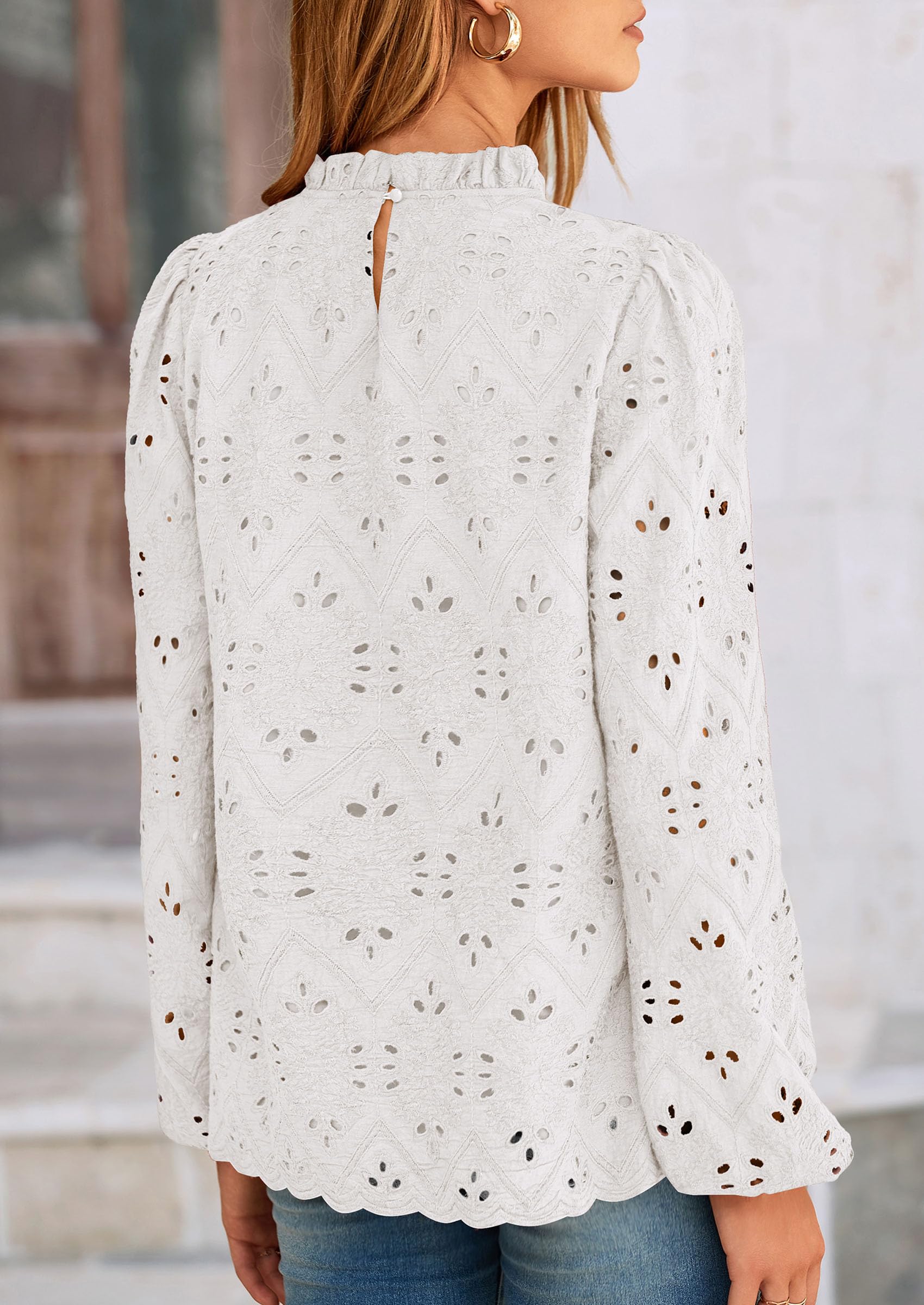 Womens Tops Dressy Casual Spring Long Sleeve Shirts Embroidered Eyelet Blouses Going Out Outfits