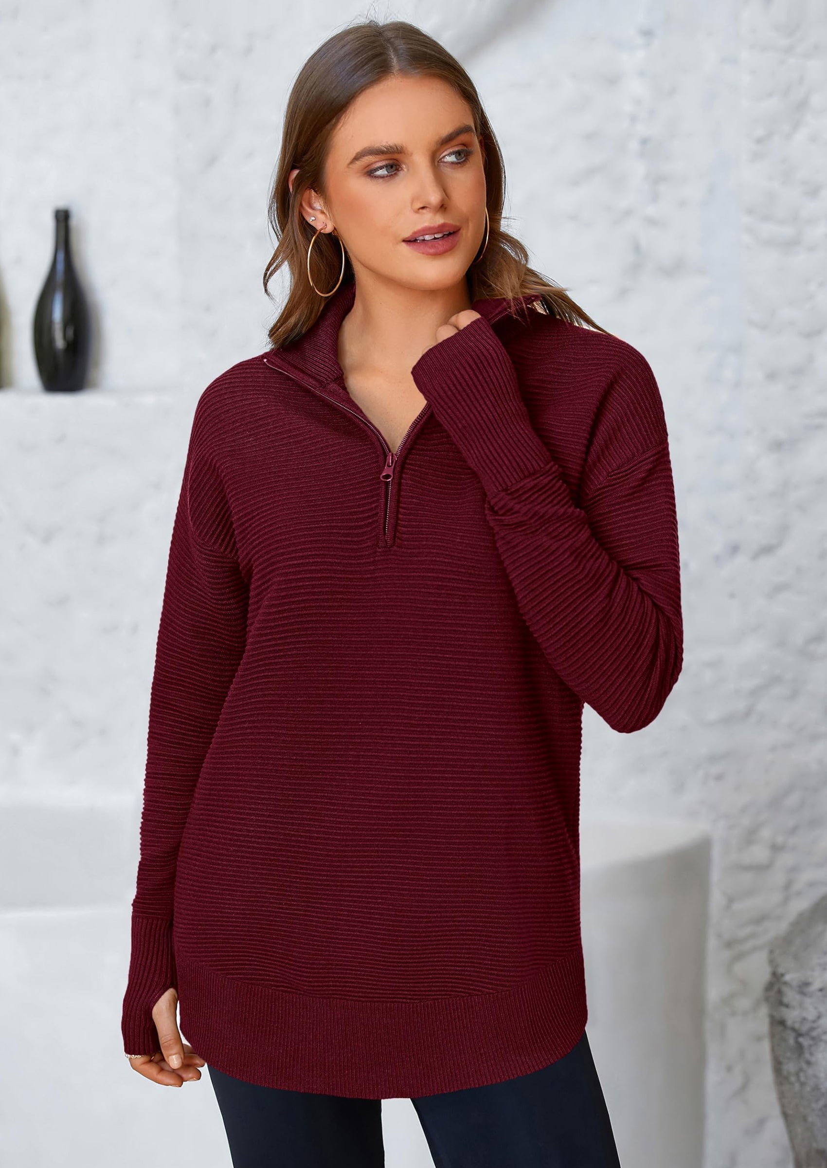 Womens Long Sleeve Quarter Zip Pullover Sweater Casual Loose V Neck Collared Ribbed Knit Jumper Tops Thumb Hole
