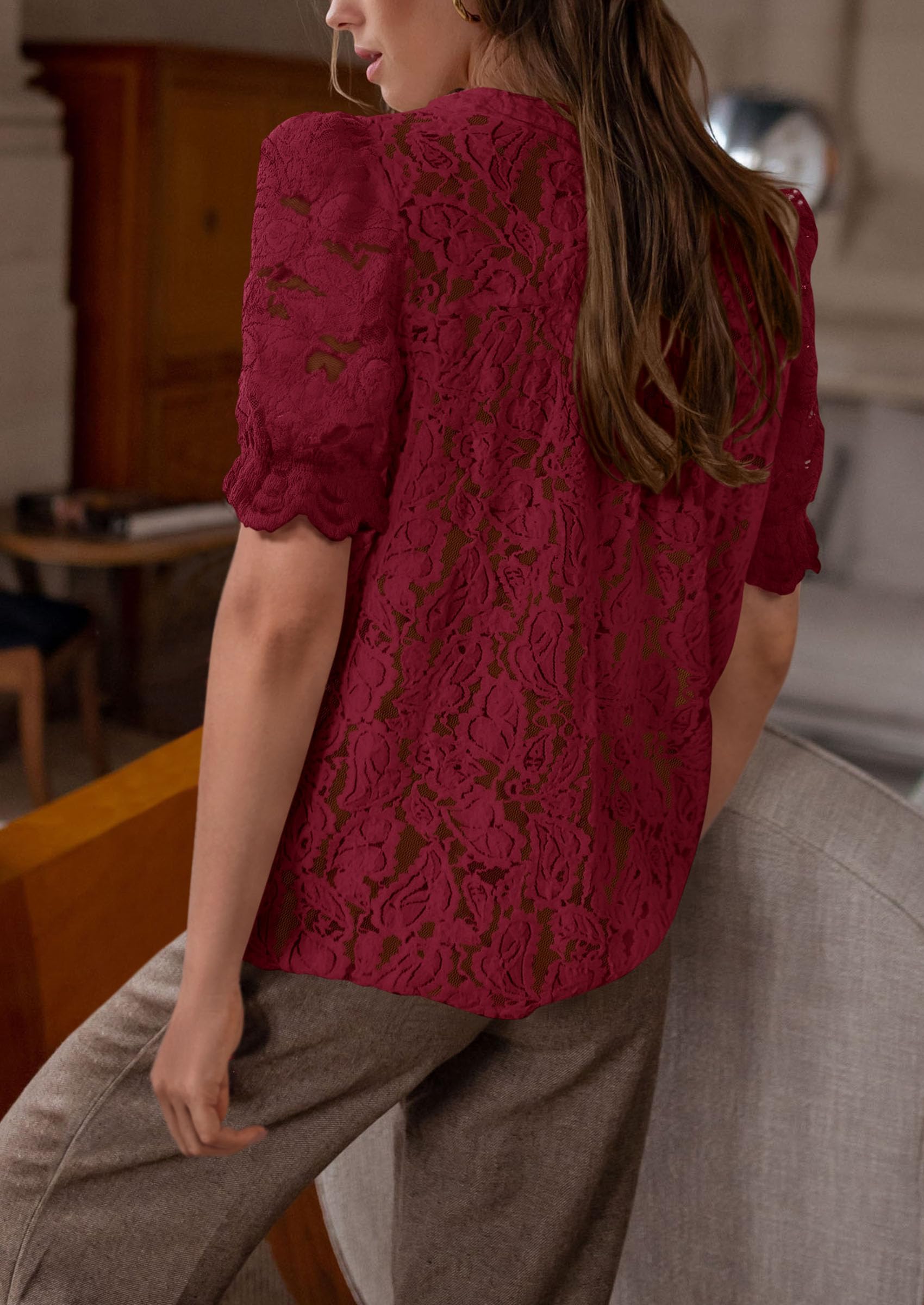 Womens Spring Lace Tops Short Puff Sleeve Casual Dressy Blouses Eyelet Crew Neck Button Down Shirts