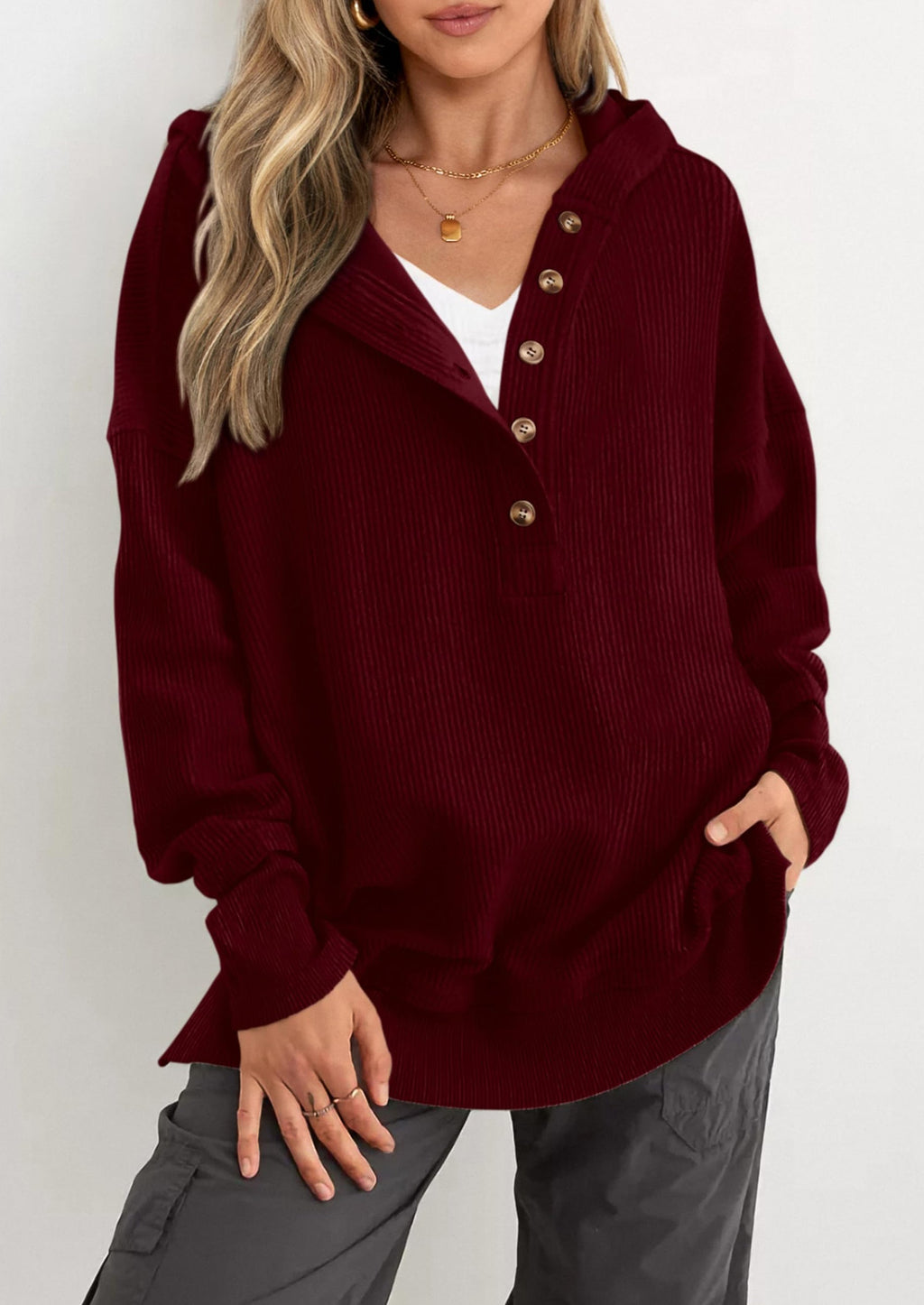 Womens Fashion Oversized Long Sleeve Hoodie Button Down V Neck Sweatshirt Side Slit Casual Pullover Tops