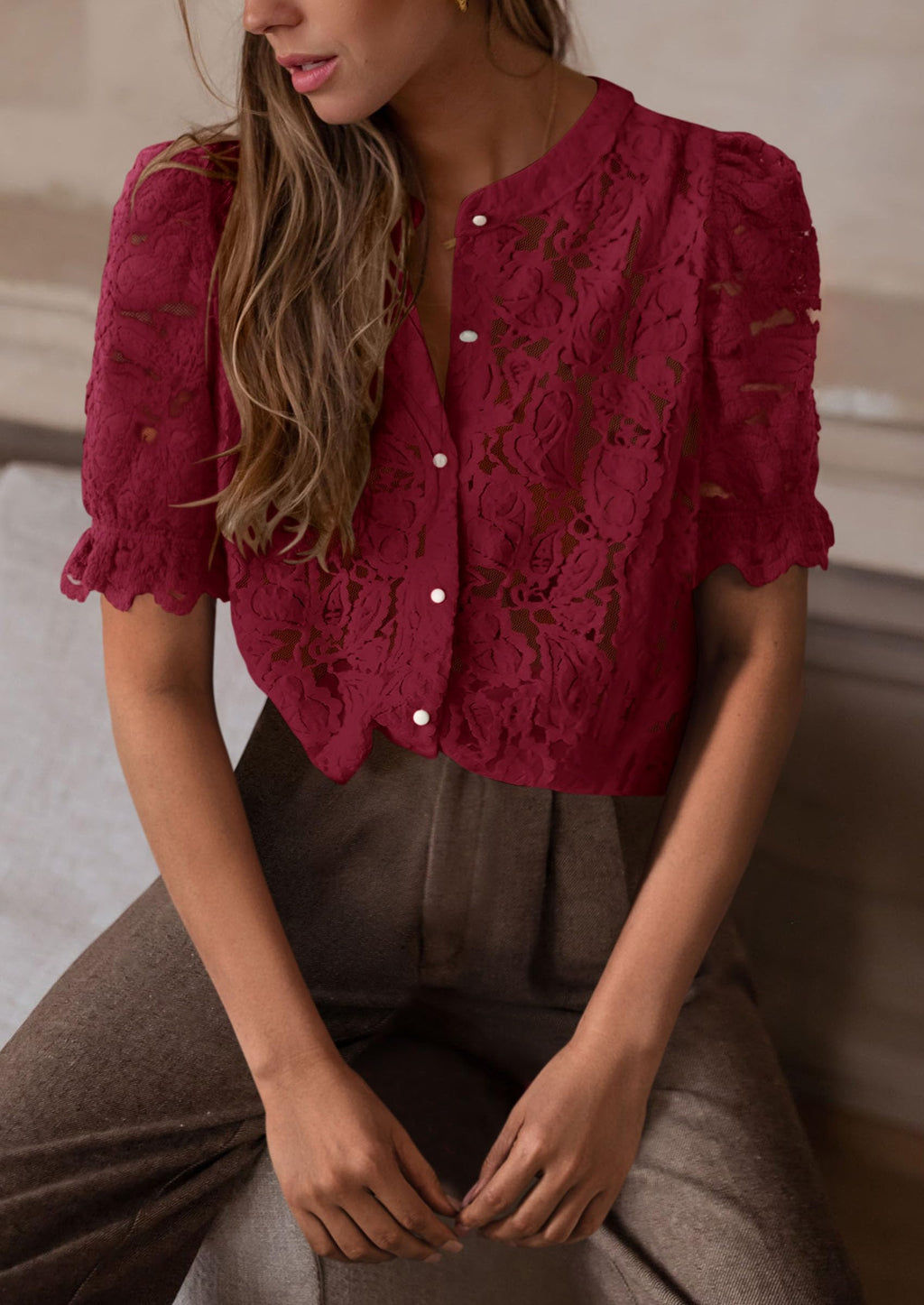 Womens Spring Lace Tops Short Puff Sleeve Casual Dressy Blouses Eyelet Crew Neck Button Down Shirts