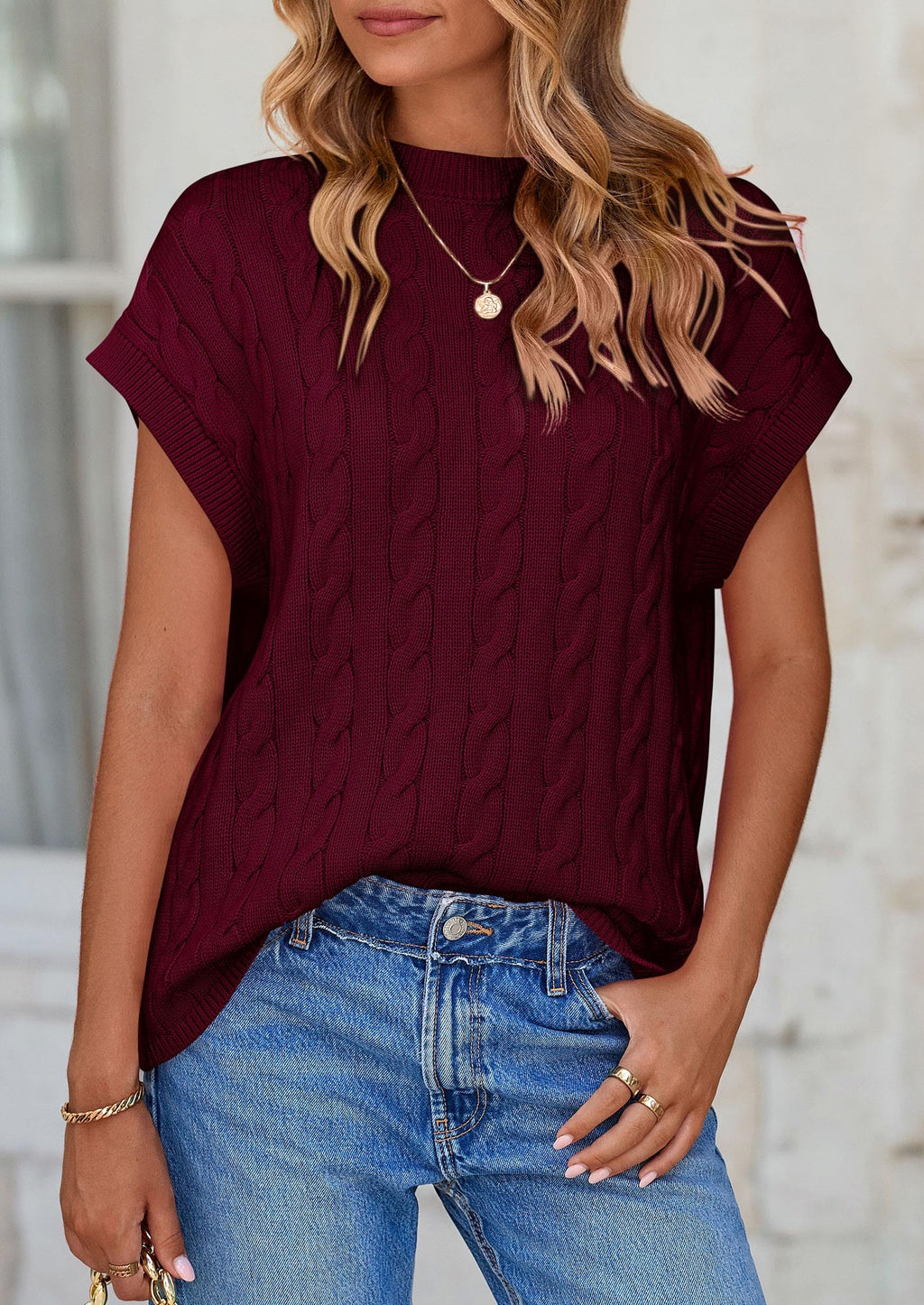 Women's Sweater Vest Summer Short Sleeve Tops Casual Crewneck Knit Oversized Pullover Trendy Spring Outfits