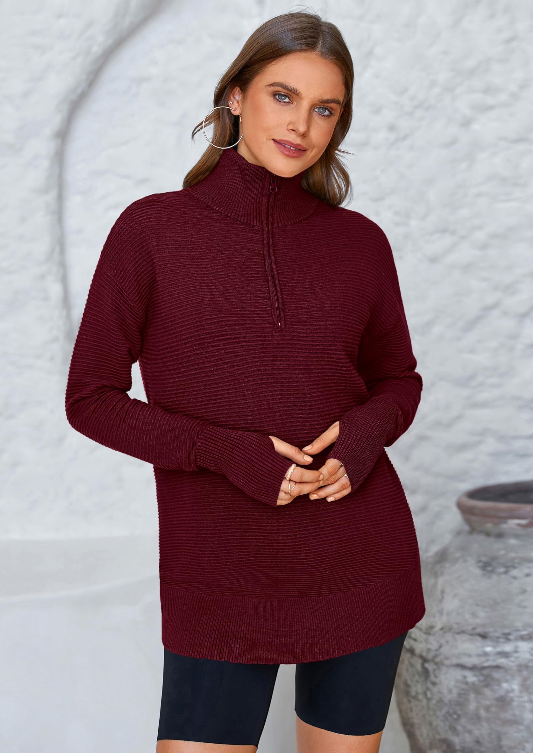 Womens Long Sleeve Quarter Zip Pullover Sweater Casual Loose V Neck Collared Ribbed Knit Jumper Tops Thumb Hole