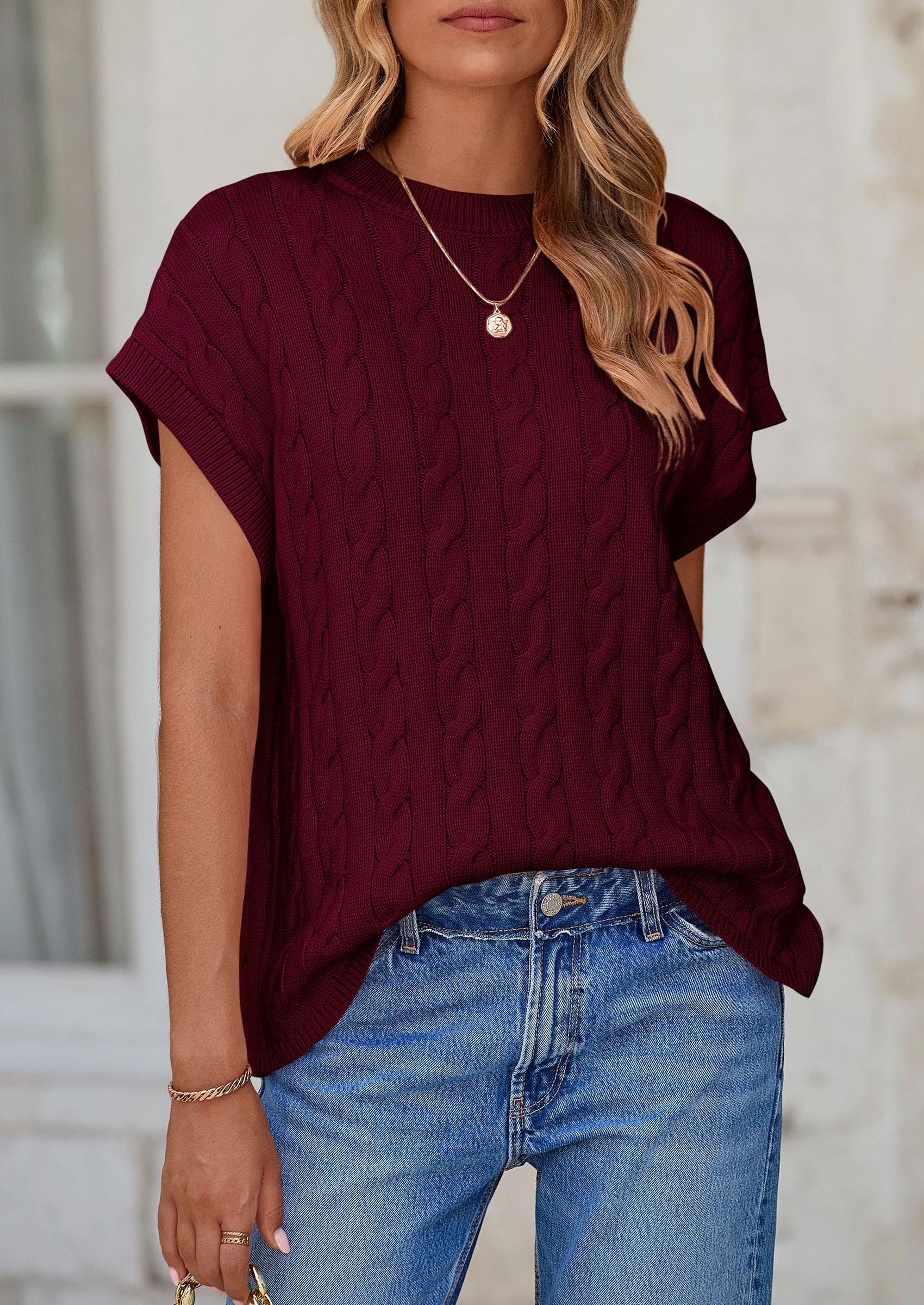 Women's Sweater Vest Summer Short Sleeve Tops Casual Crewneck Knit Oversized Pullover Trendy Spring Outfits