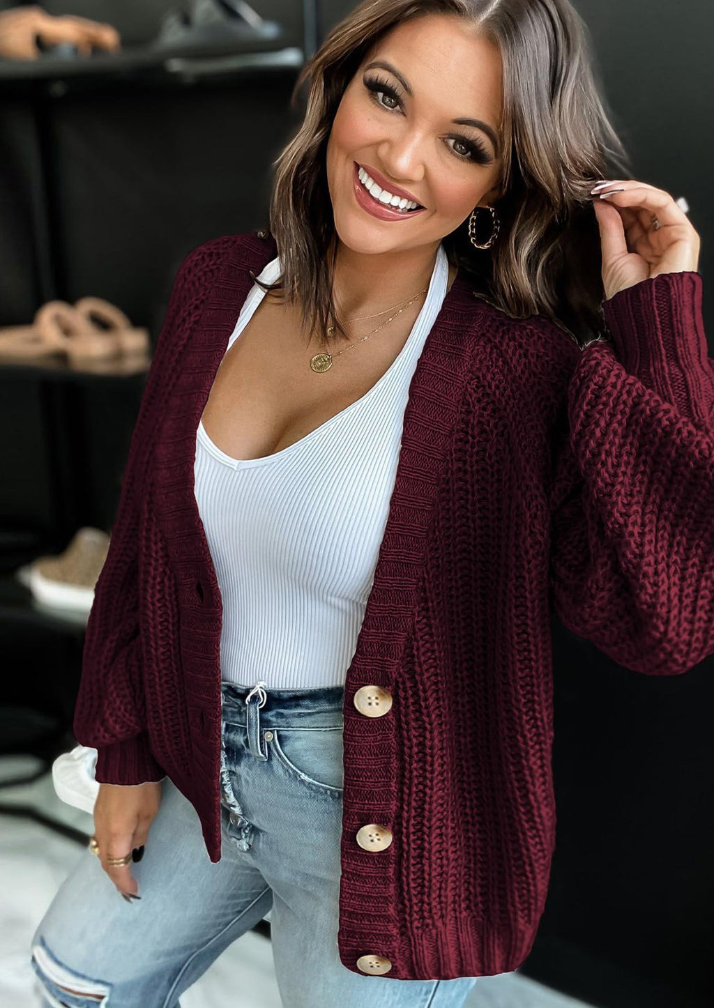 Women's Chunky Knit Open Front Sweater Long Sleeve Button Loose Short Cardigan Outerwear Coats