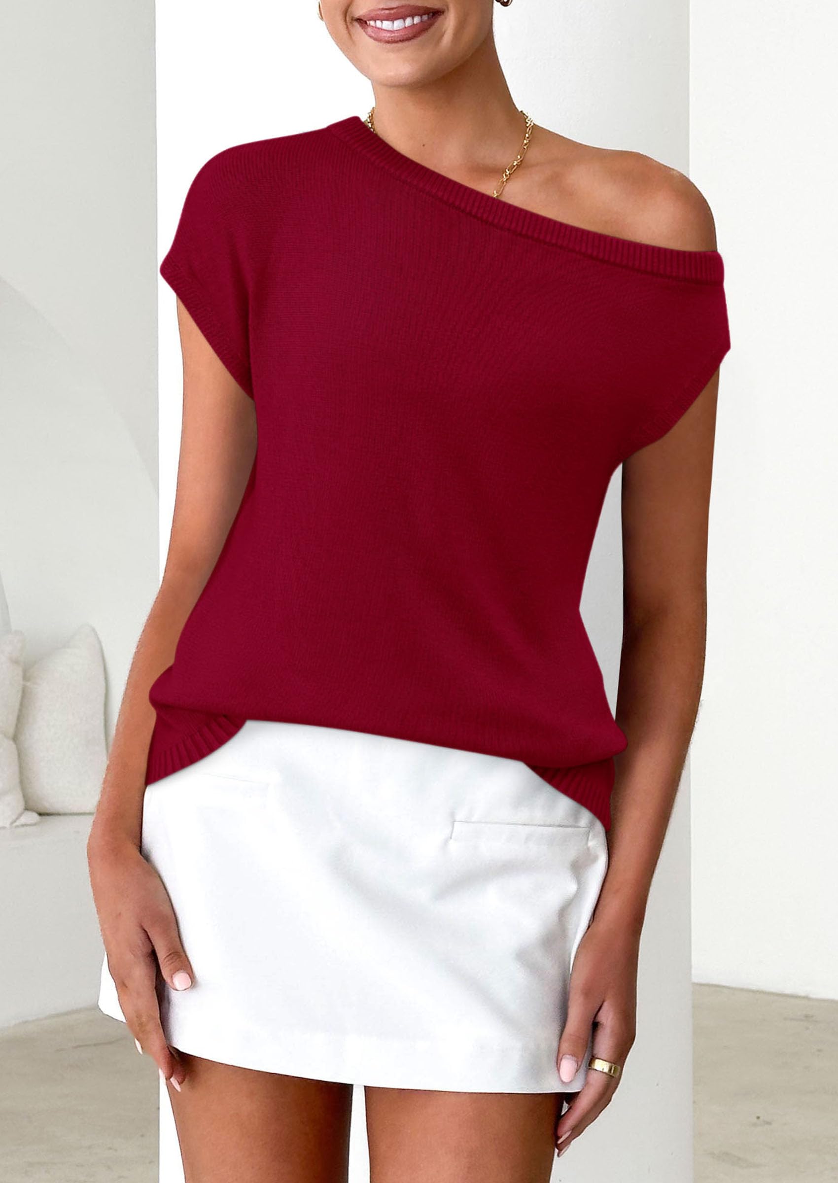 Womens Off The Shoulder Tops Summer Casual Short Sleeve Tunic T Shirts Lightweight Knit Sweaters