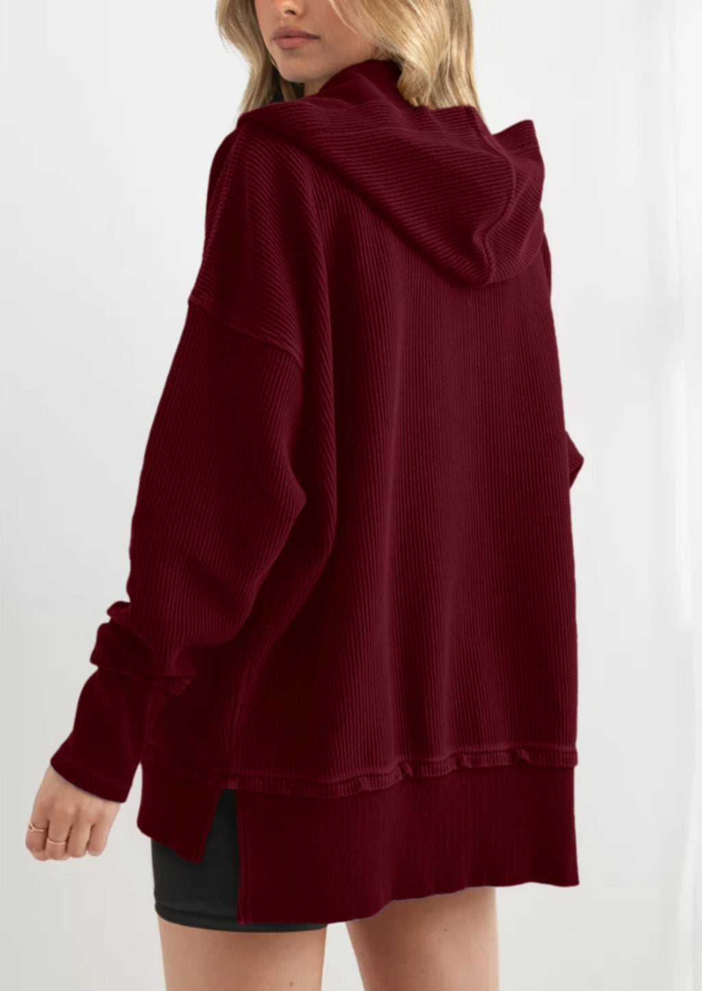 Womens Fashion Oversized Long Sleeve Hoodie Button Down V Neck Sweatshirt Side Slit Casual Pullover Tops