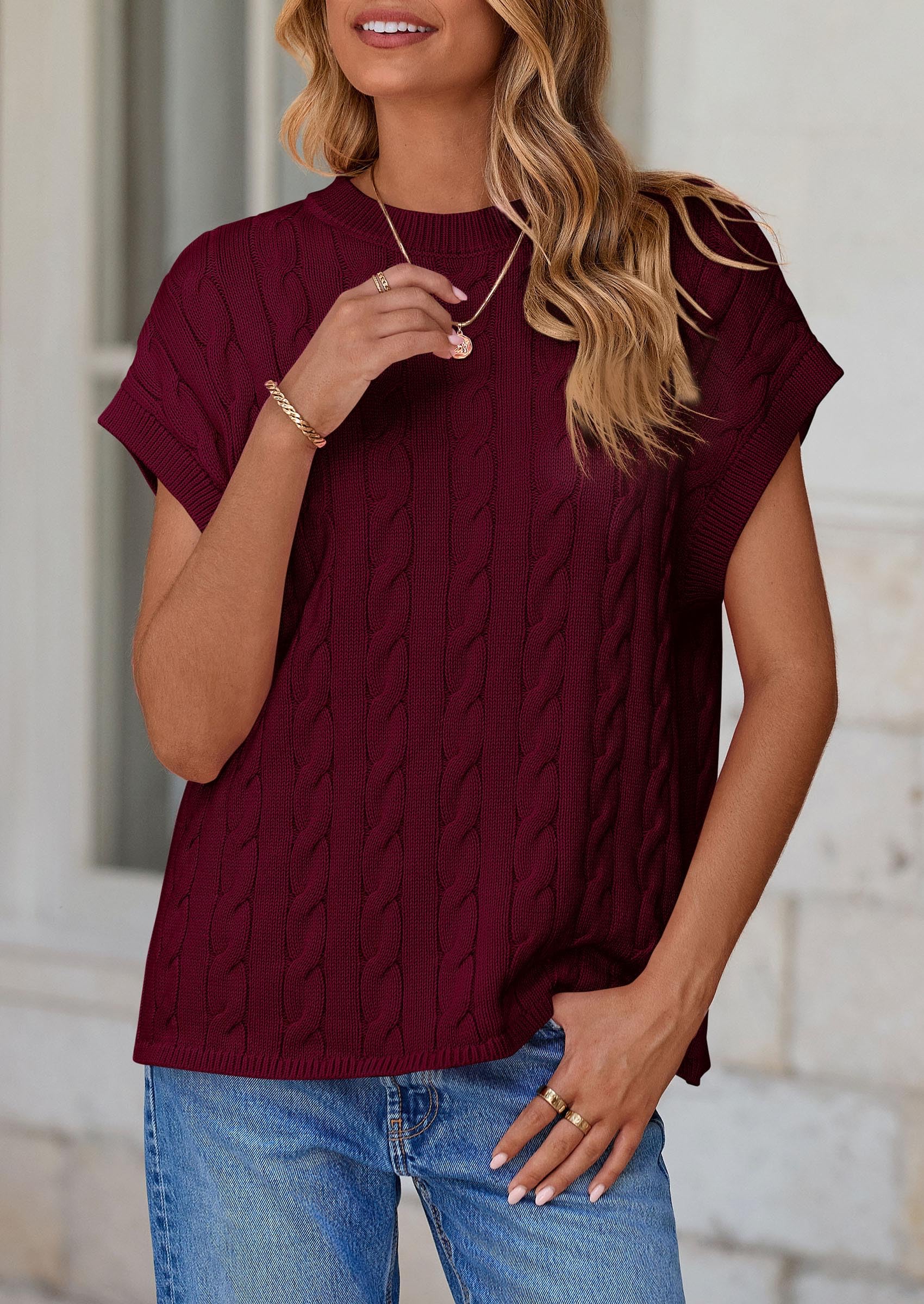 Women's Sweater Vest Summer Short Sleeve Tops Casual Crewneck Knit Oversized Pullover Trendy Spring Outfits