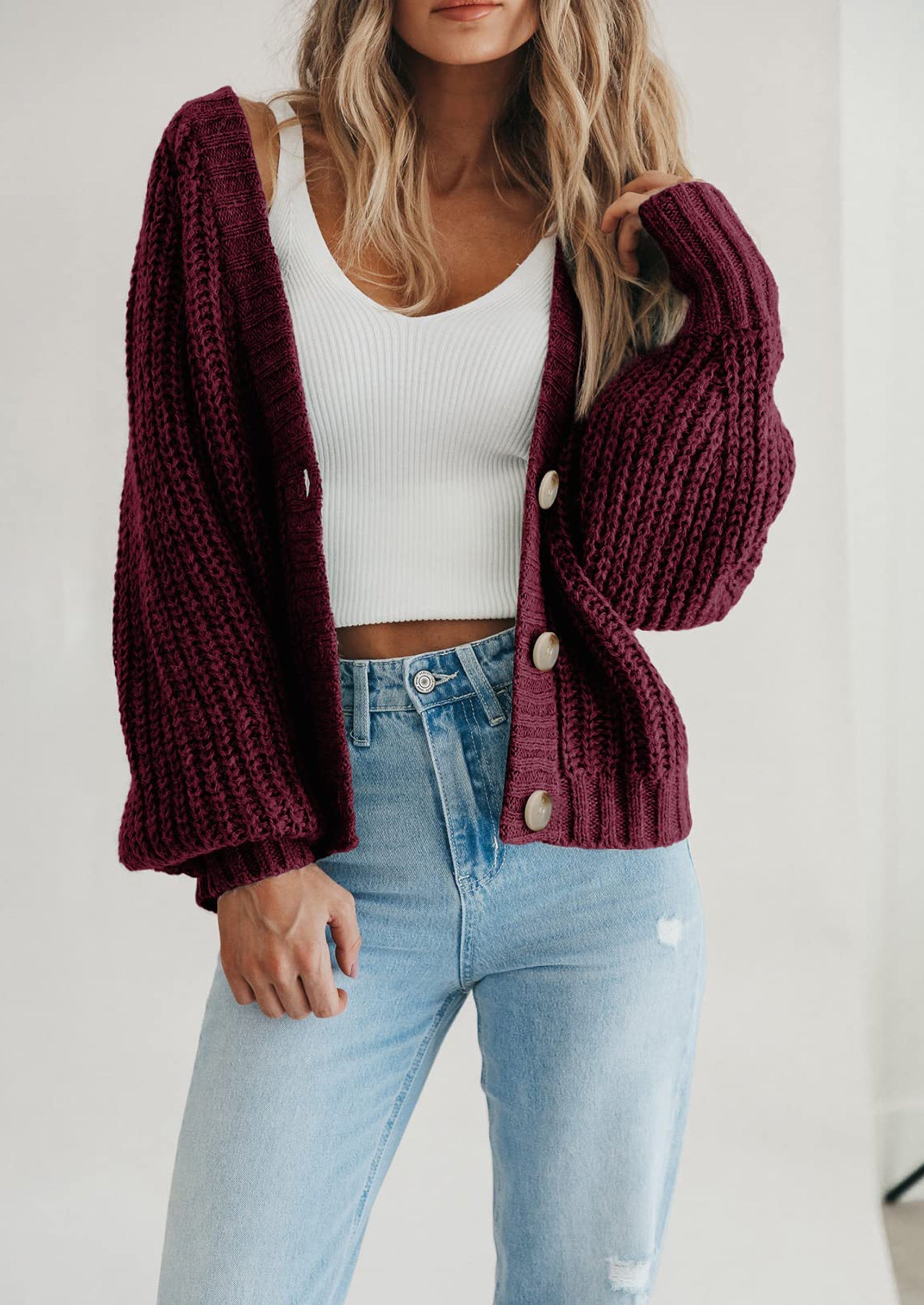 Women's Chunky Knit Open Front Sweater Long Sleeve Button Loose Short Cardigan Outerwear Coats