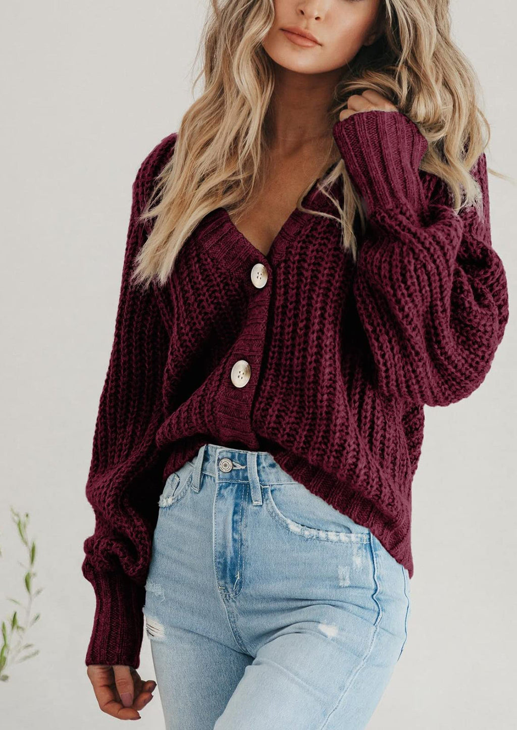 Women's Chunky Knit Open Front Sweater Long Sleeve Button Loose Short Cardigan Outerwear Coats