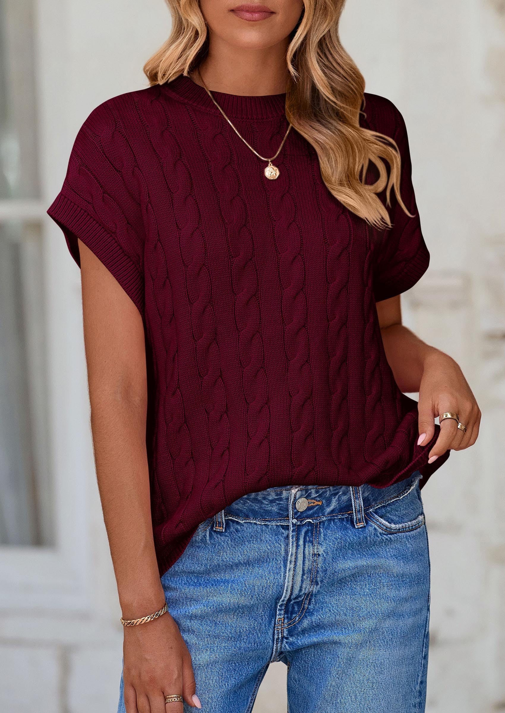 Women's Sweater Vest Summer Short Sleeve Tops Casual Crewneck Knit Oversized Pullover Trendy Spring Outfits