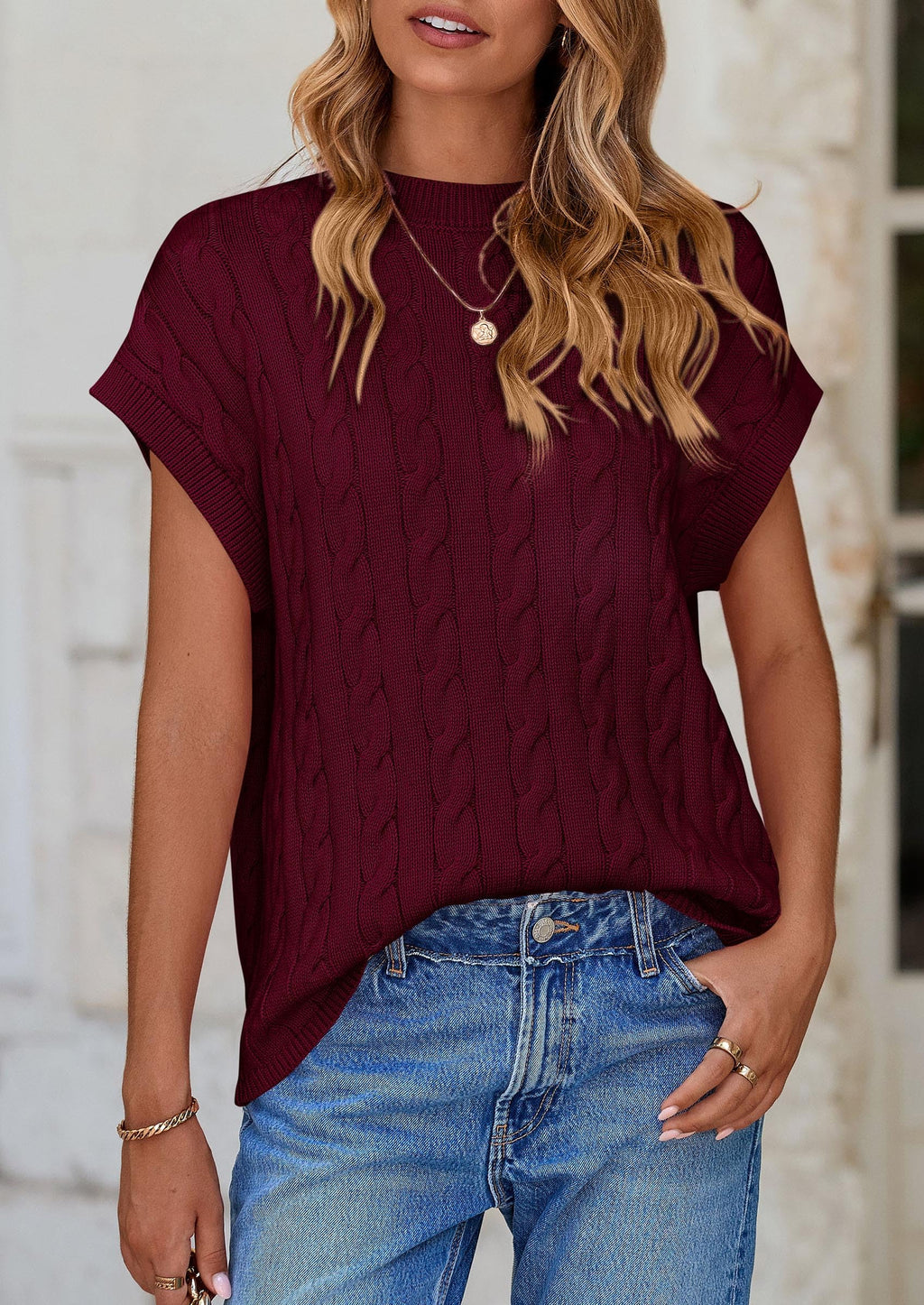 Women's Sweater Vest Summer Short Sleeve Tops Casual Crewneck Knit Oversized Pullover Trendy Spring Outfits