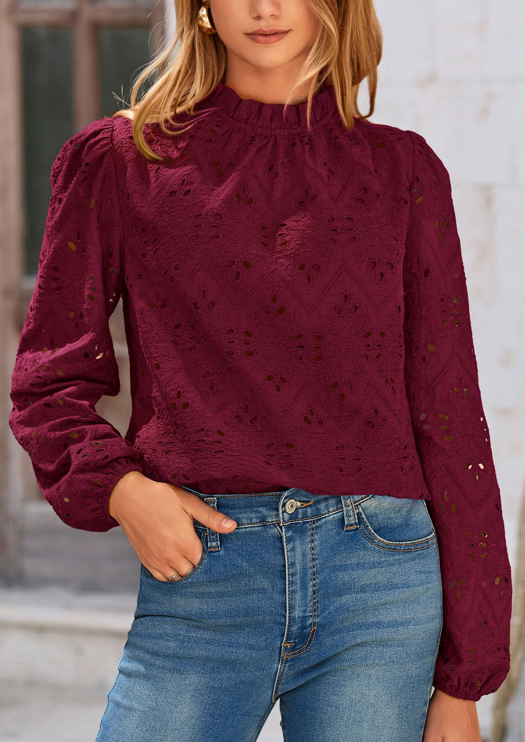 Womens Tops Dressy Casual Spring Long Sleeve Shirts Embroidered Eyelet Blouses Going Out Outfits