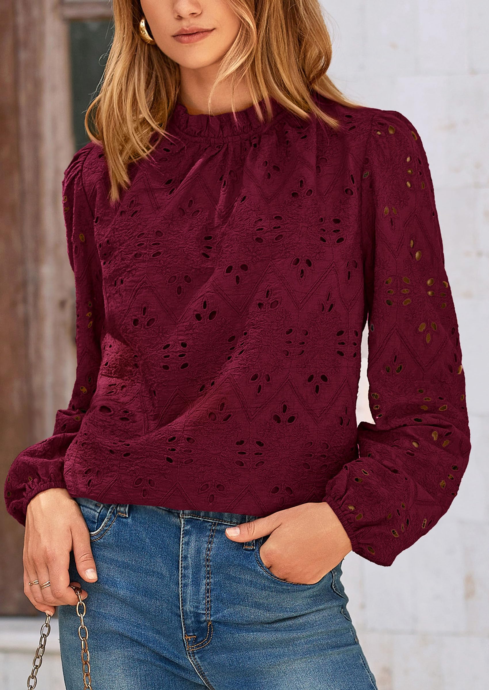 Womens Tops Dressy Casual Spring Long Sleeve Shirts Embroidered Eyelet Blouses Going Out Outfits