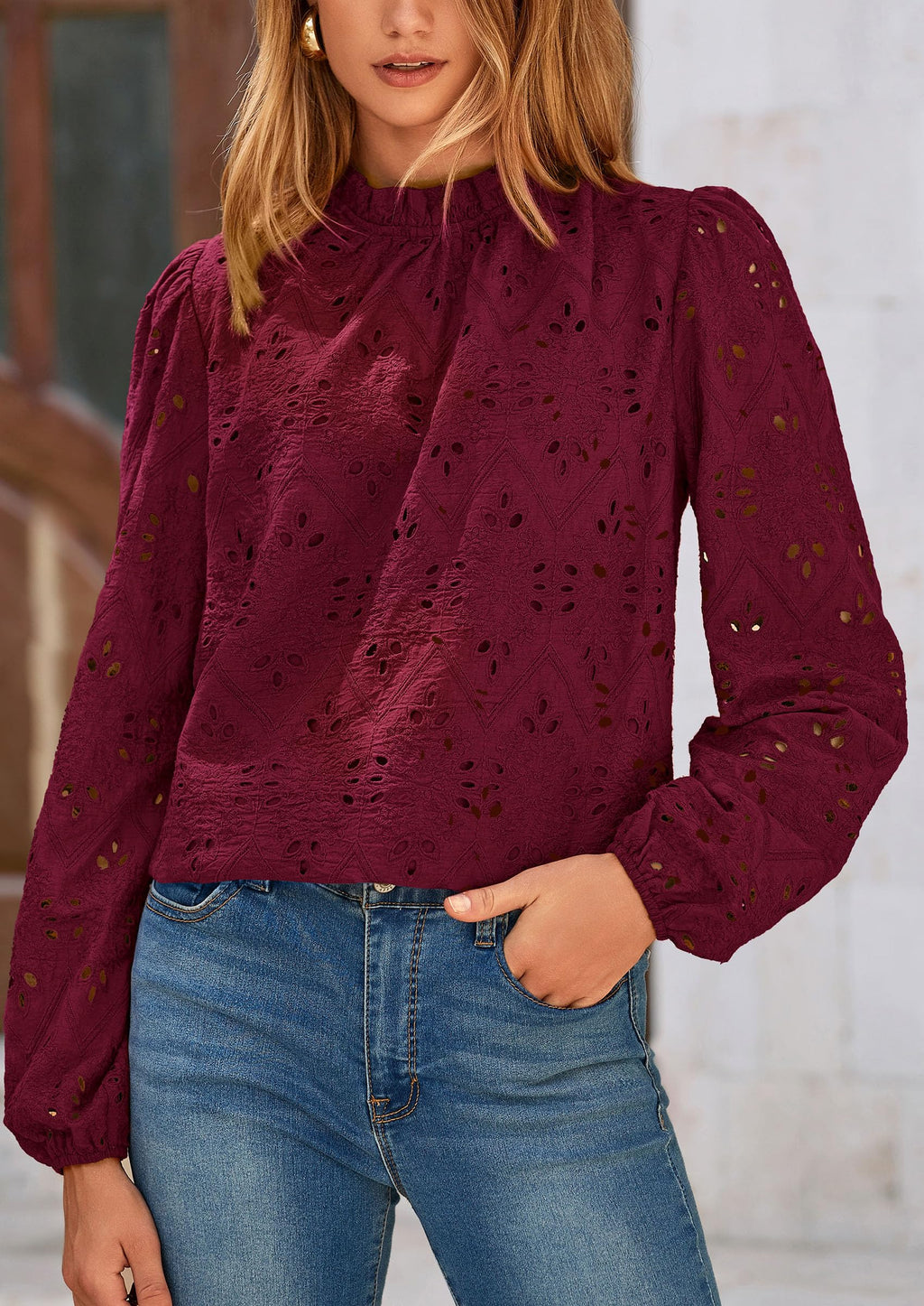 Womens Tops Dressy Casual Spring Long Sleeve Shirts Embroidered Eyelet Blouses Going Out Outfits