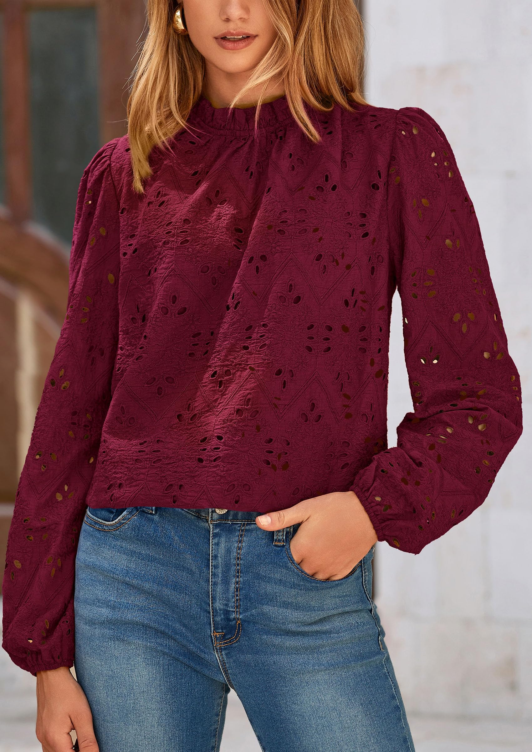 Womens Tops Dressy Casual Spring Long Sleeve Shirts Embroidered Eyelet Blouses Going Out Outfits