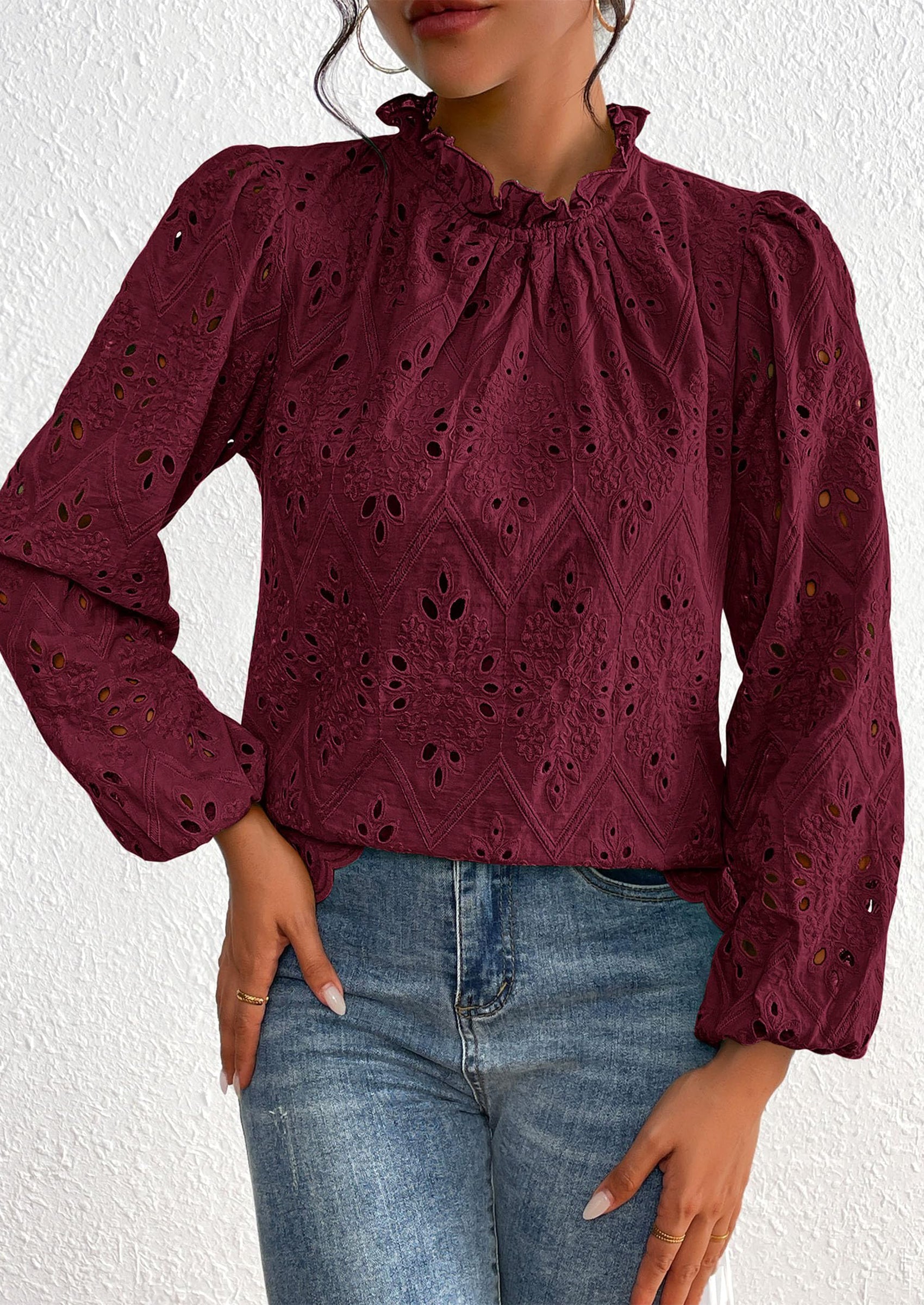Womens Tops Dressy Casual Spring Long Sleeve Shirts Embroidered Eyelet Blouses Going Out Outfits